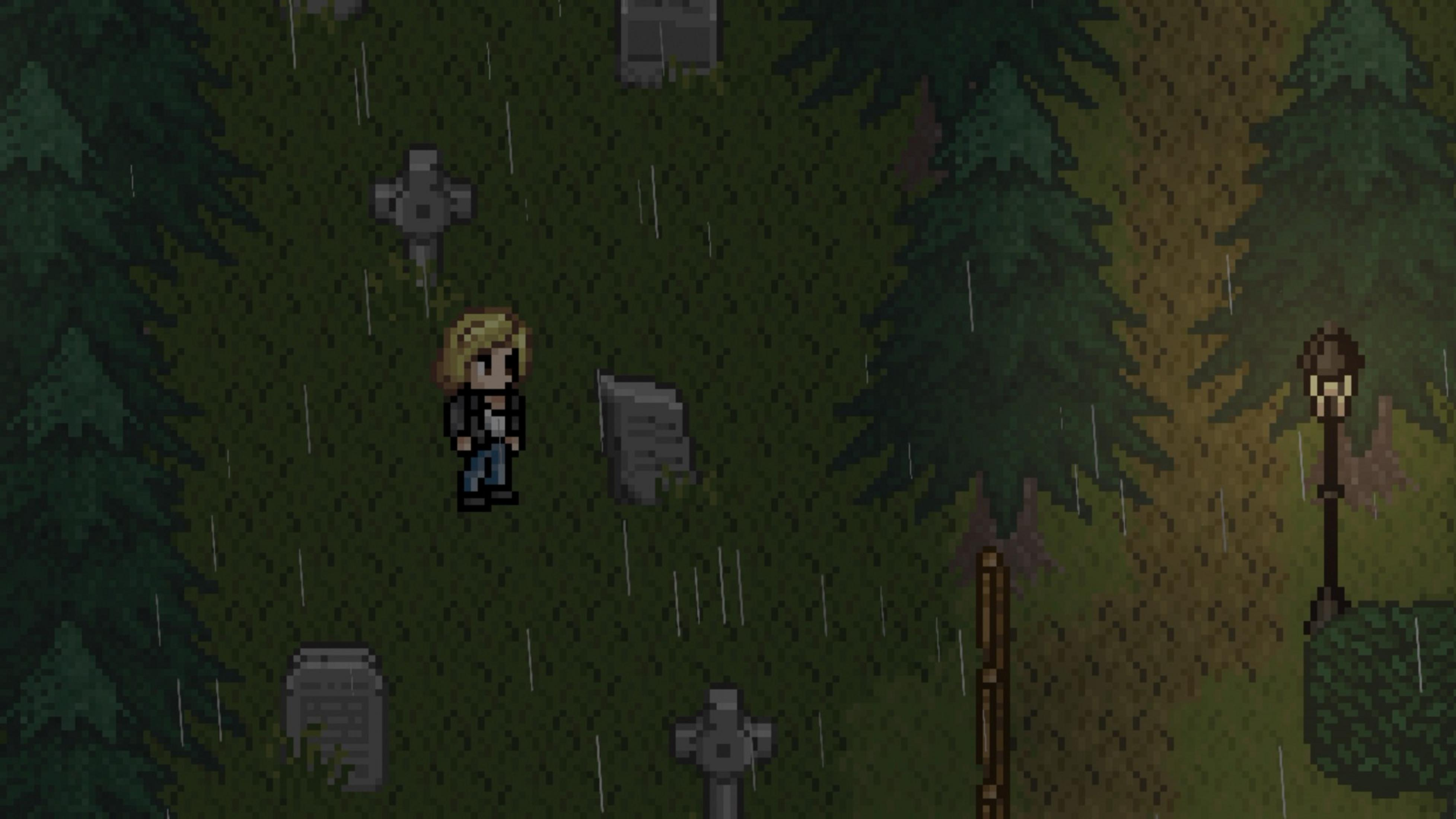 Una donna in un cimitero sotto la pioggia, con lapidi e alberi.