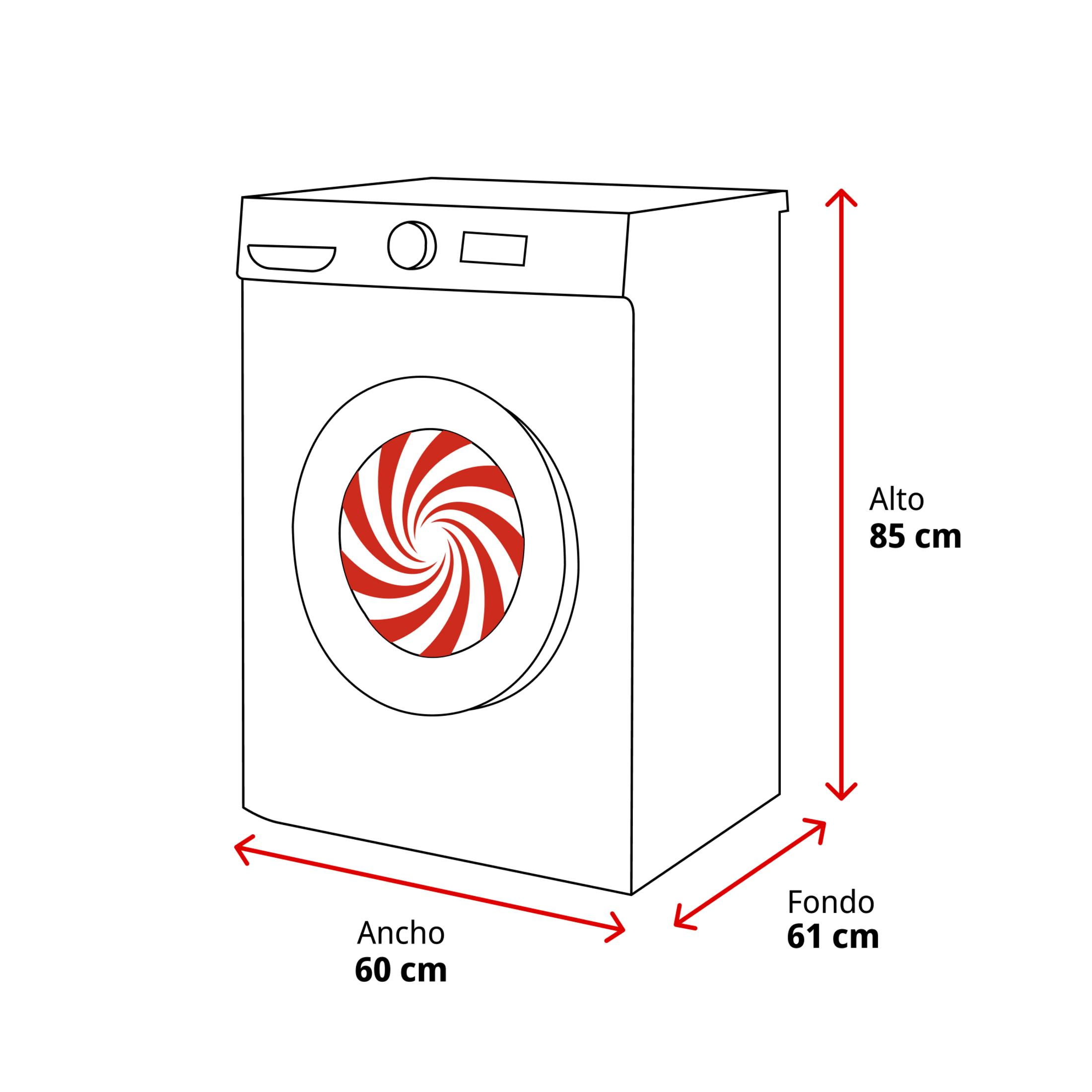 Lavadora con puerta de patrón de remolino rojo y blanco, medidas: 85x60x61 cm.