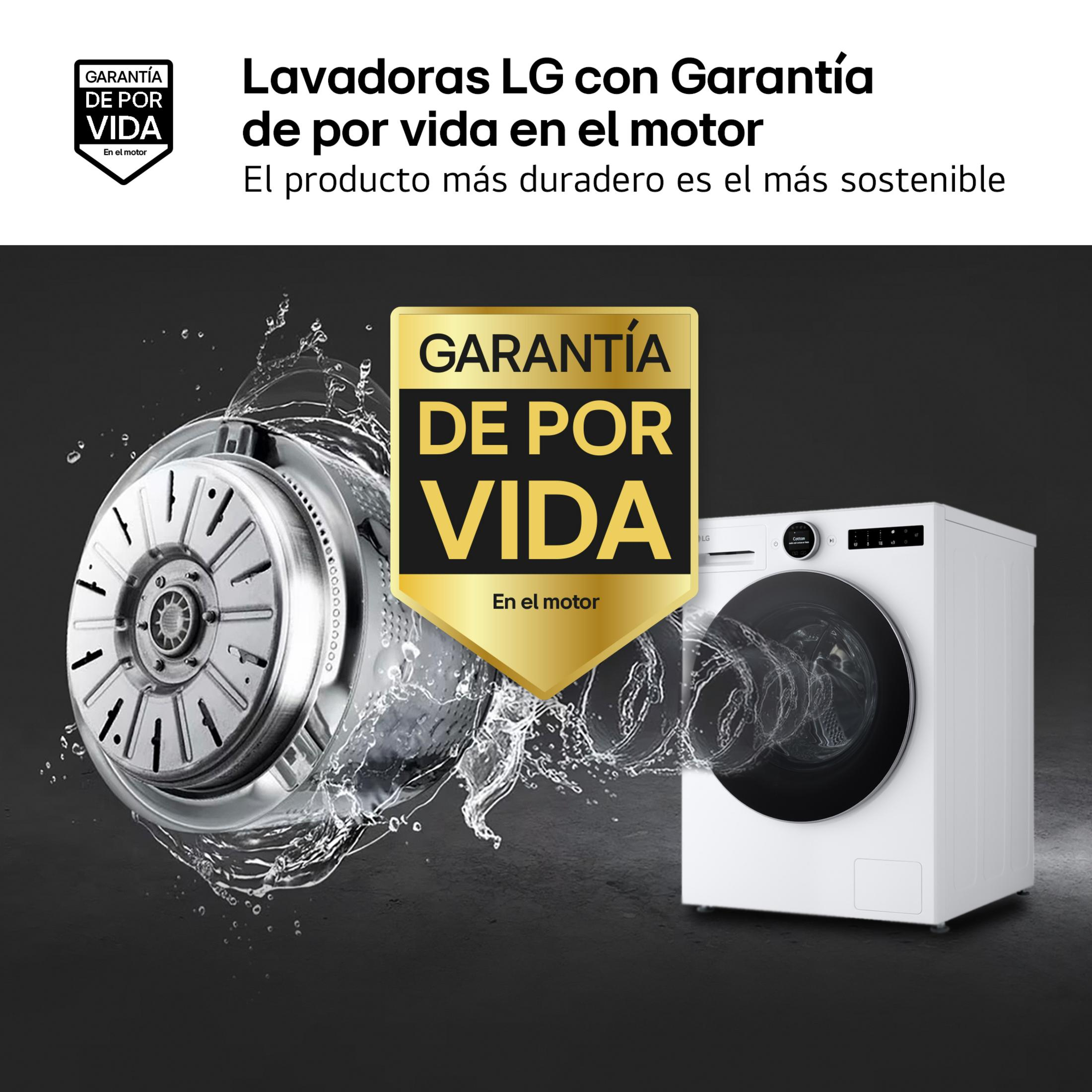 Lavadora LG con garantía de por vida en el motor, salpicaduras de agua.
