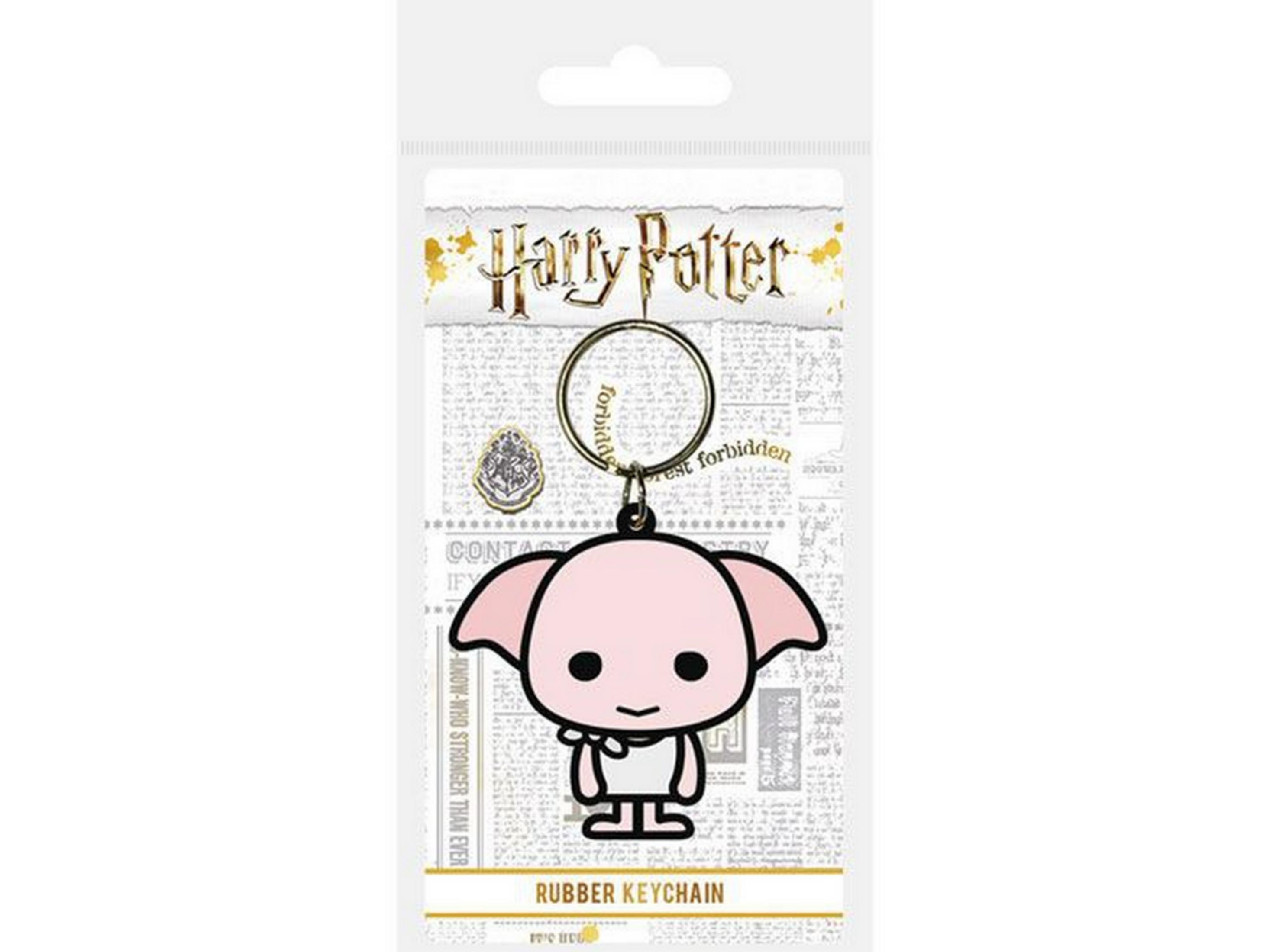Llavero de goma de Dobby de Harry Potter con pin del escudo de Hogwarts.