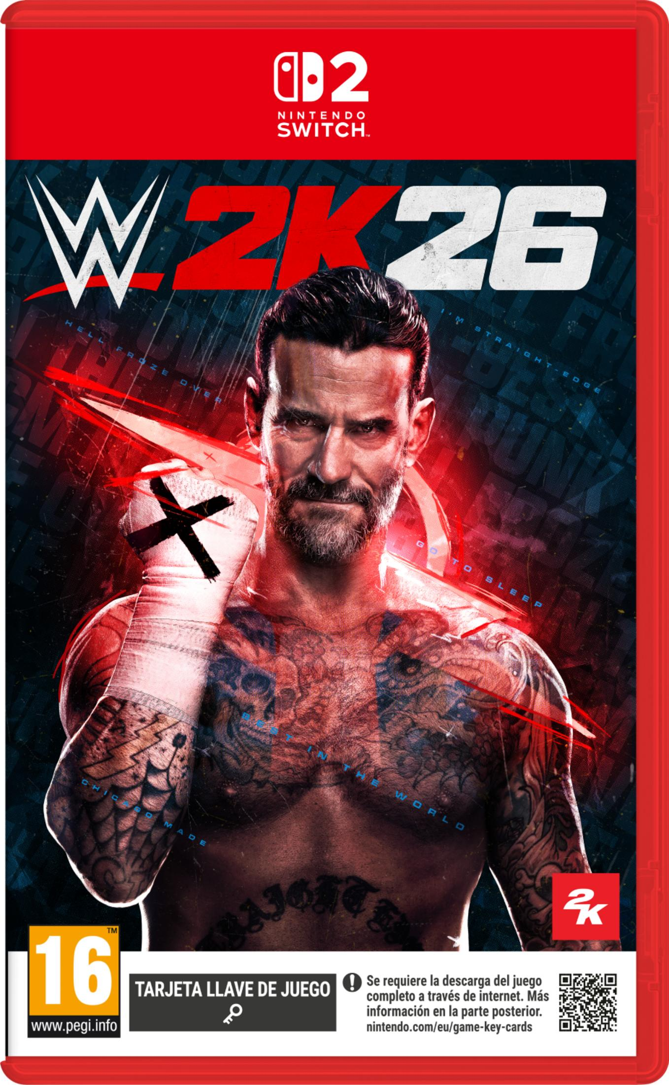 Custodia del gioco WWE 2K26 con CM Punk e logo Nintendo Switch.