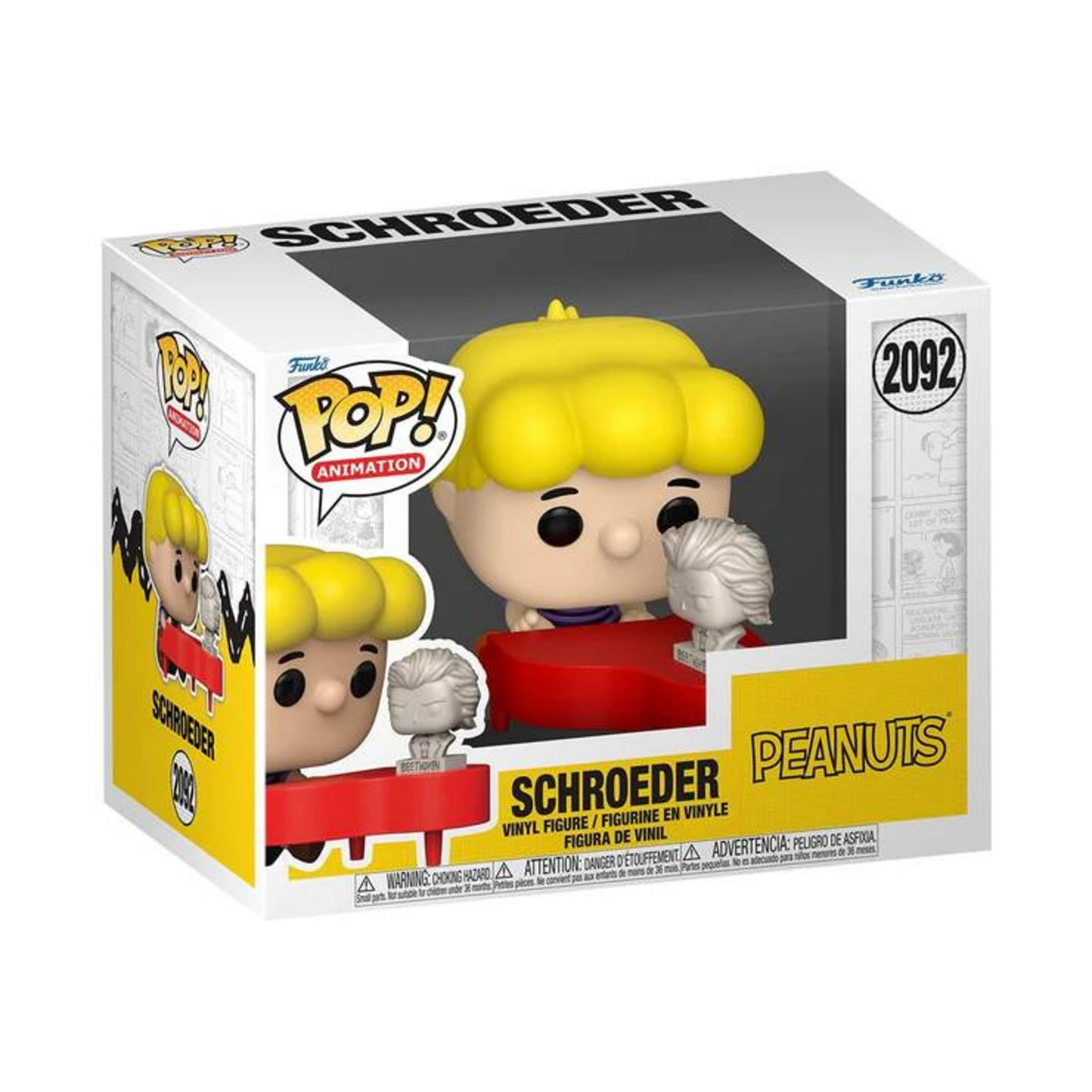 Figura Funko Pop! de Schroeder de Peanuts en caja con arte de cómic.