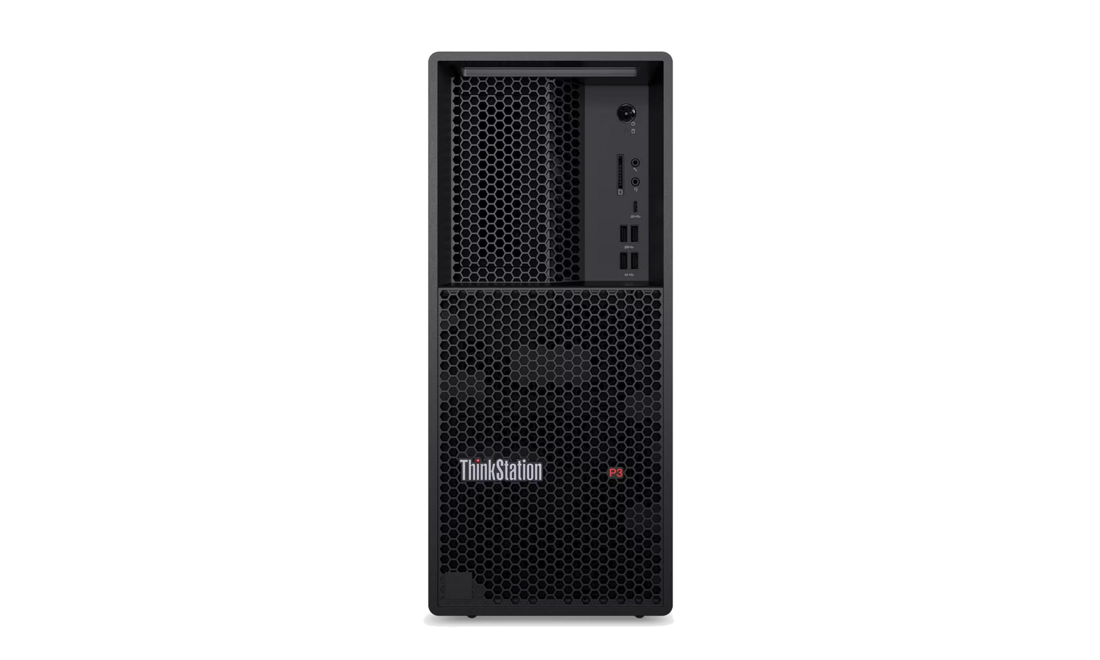 Tower PC nero con griglia a nido d'ape e porte frontali.