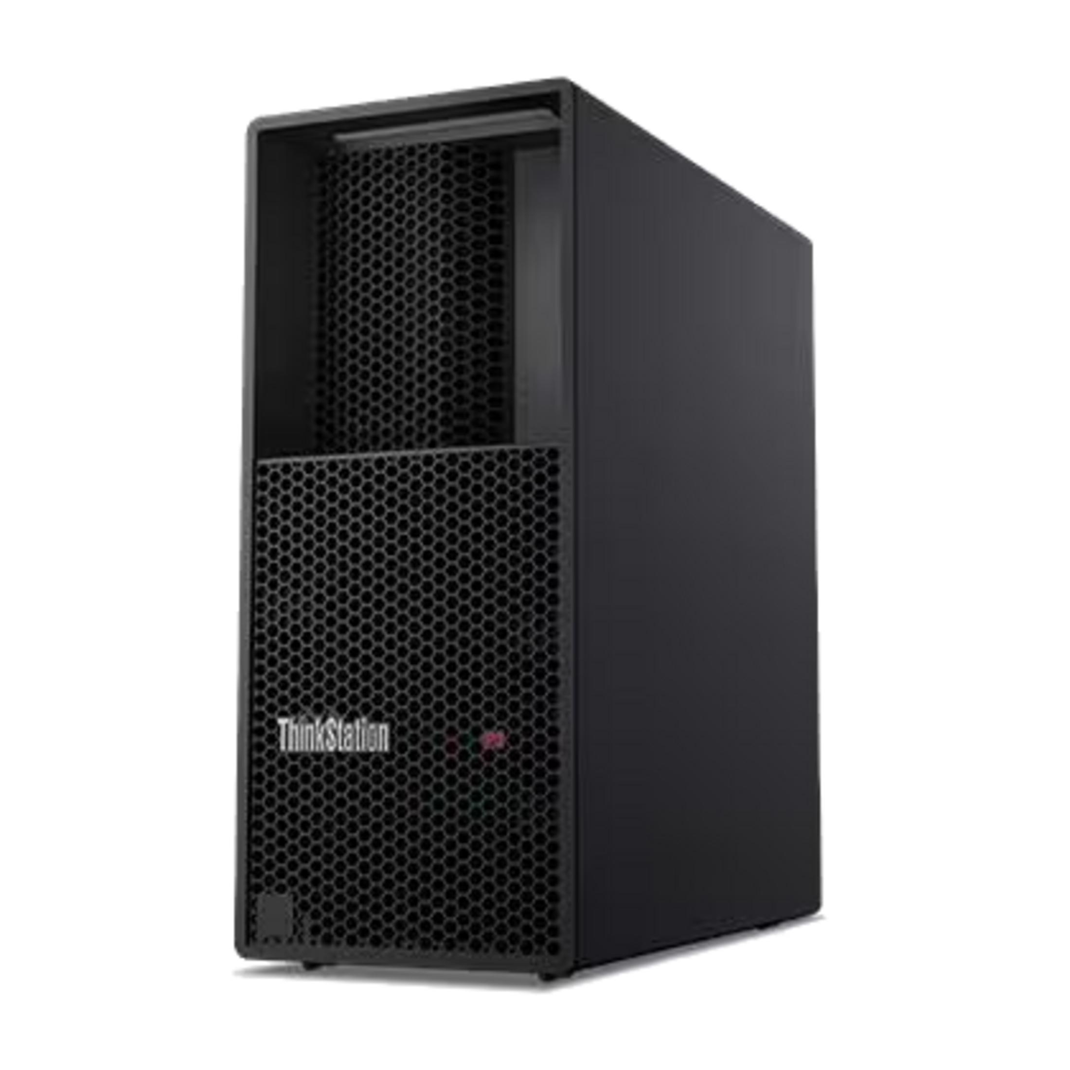 Un case nero per computer Lenovo ThinkStation con ventilazione a nido d'ape.