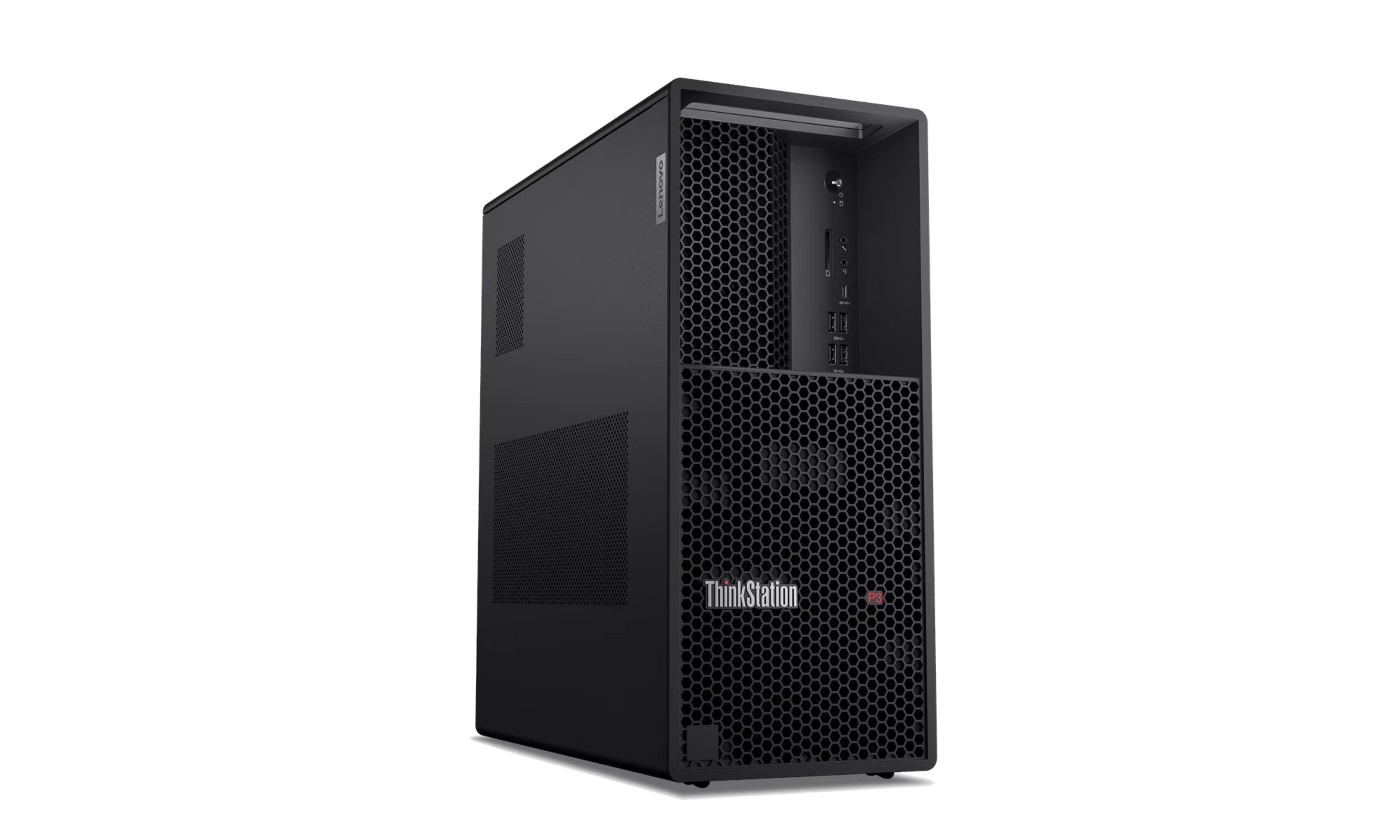 Computer Lenovo ThinkStation nero con griglia a nido d'ape frontale e porte.