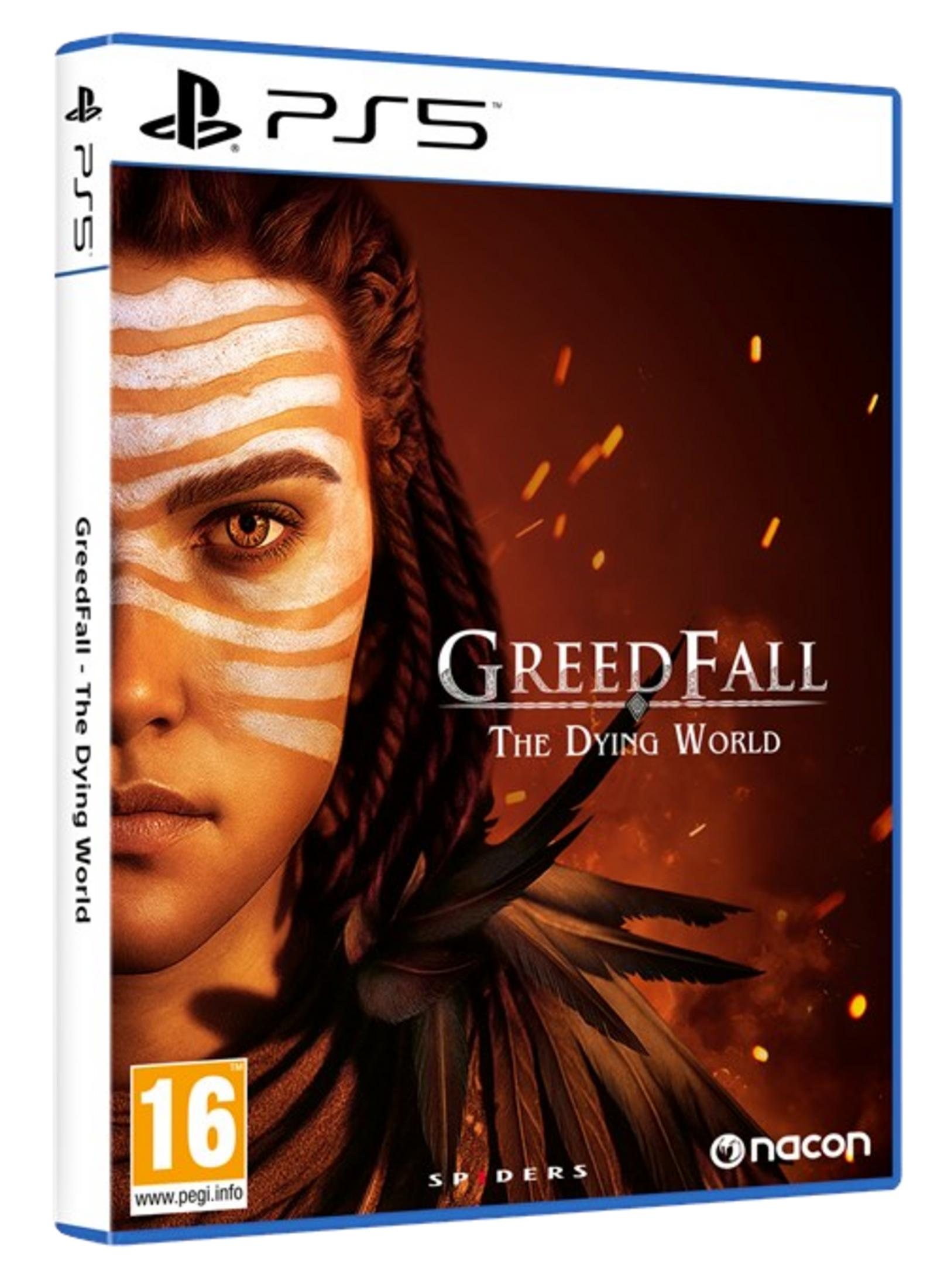 Portada PS5 "GreedFall: The Dying World" muestra rostro de mujer con pintura facial.