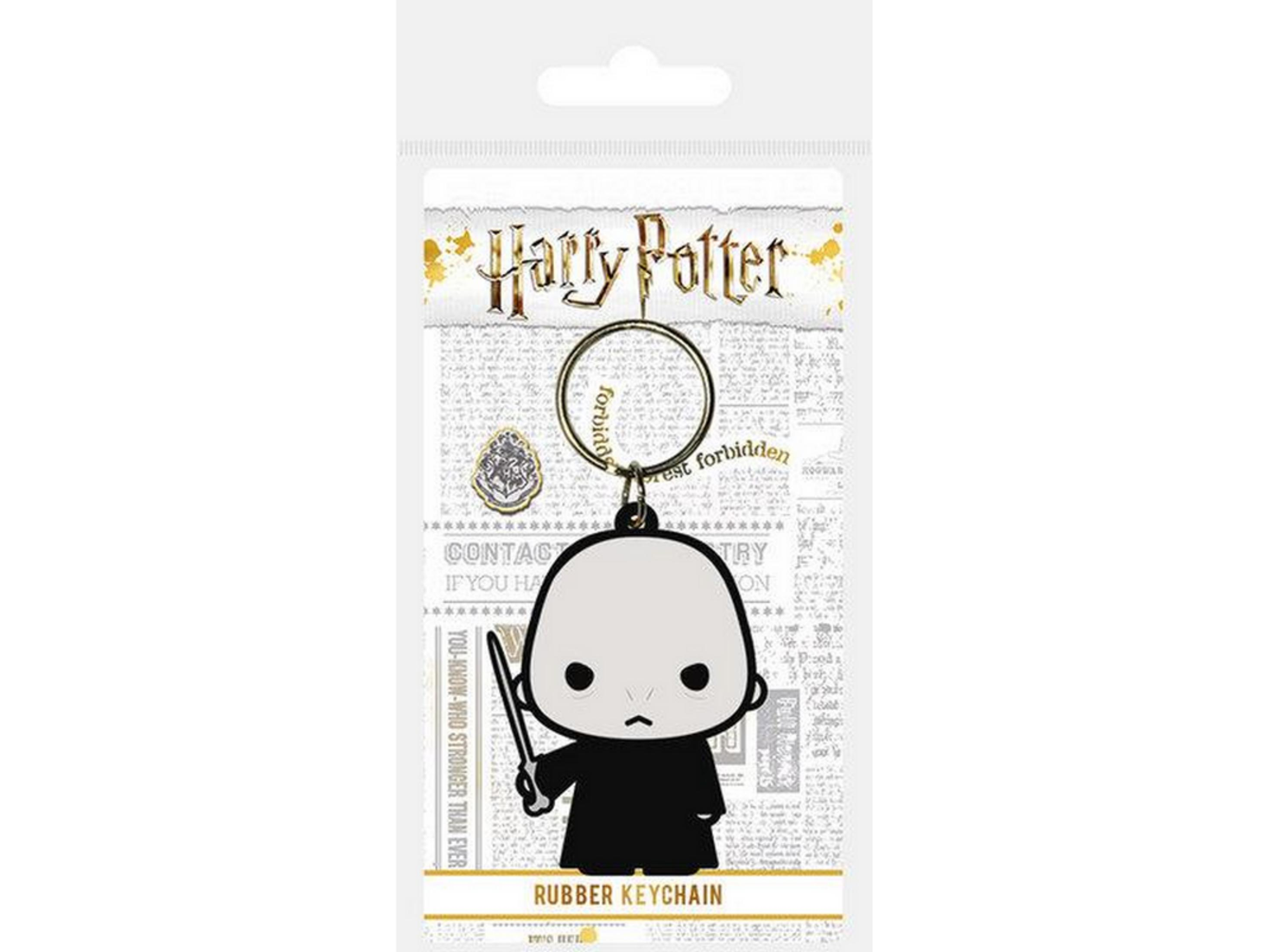 Llavero de Harry Potter con figura Kawaii de Voldemort y el escudo de Hogwarts.