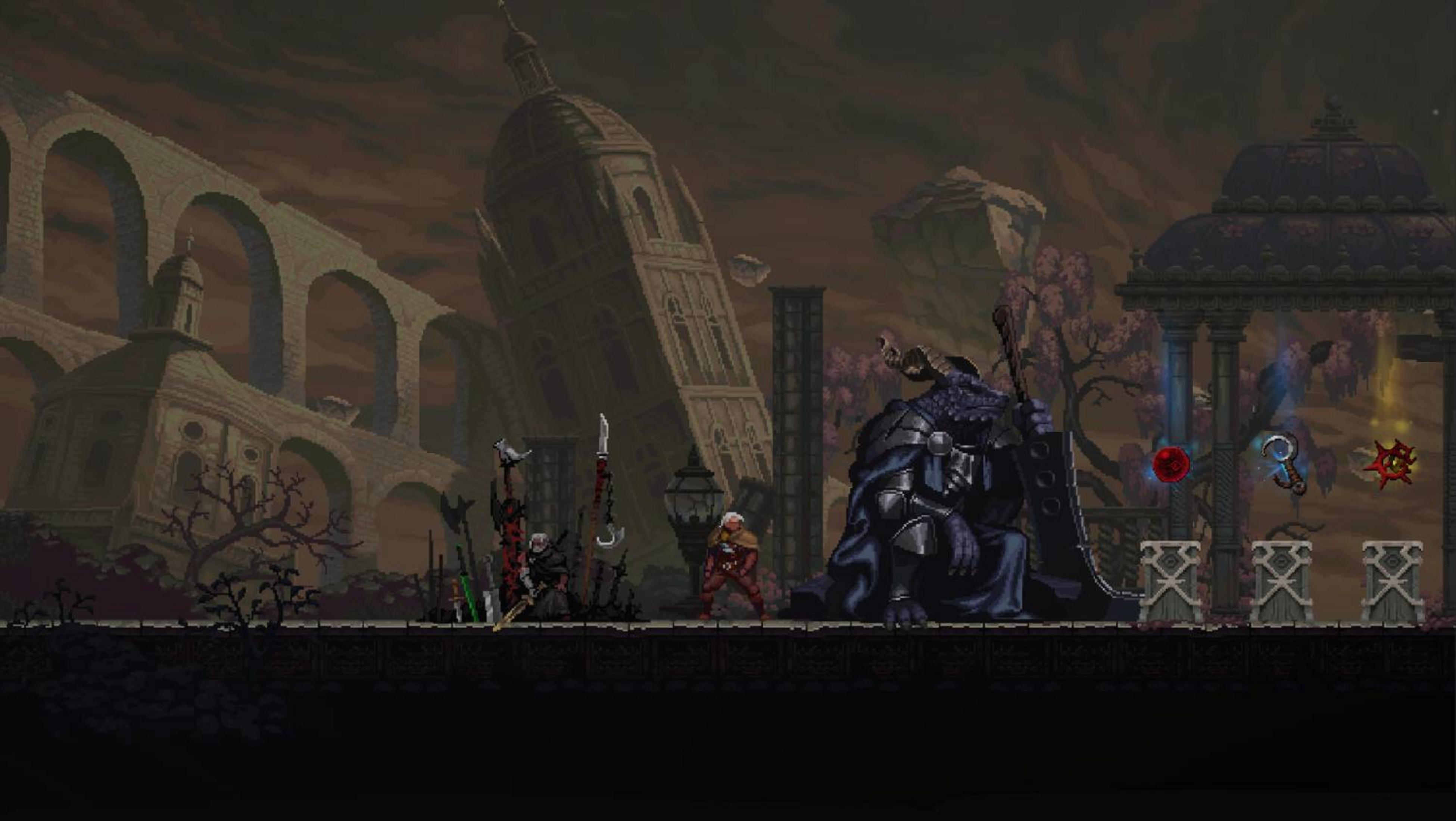 Scena pixel art con rovine, figure e una creatura simile a un drago.