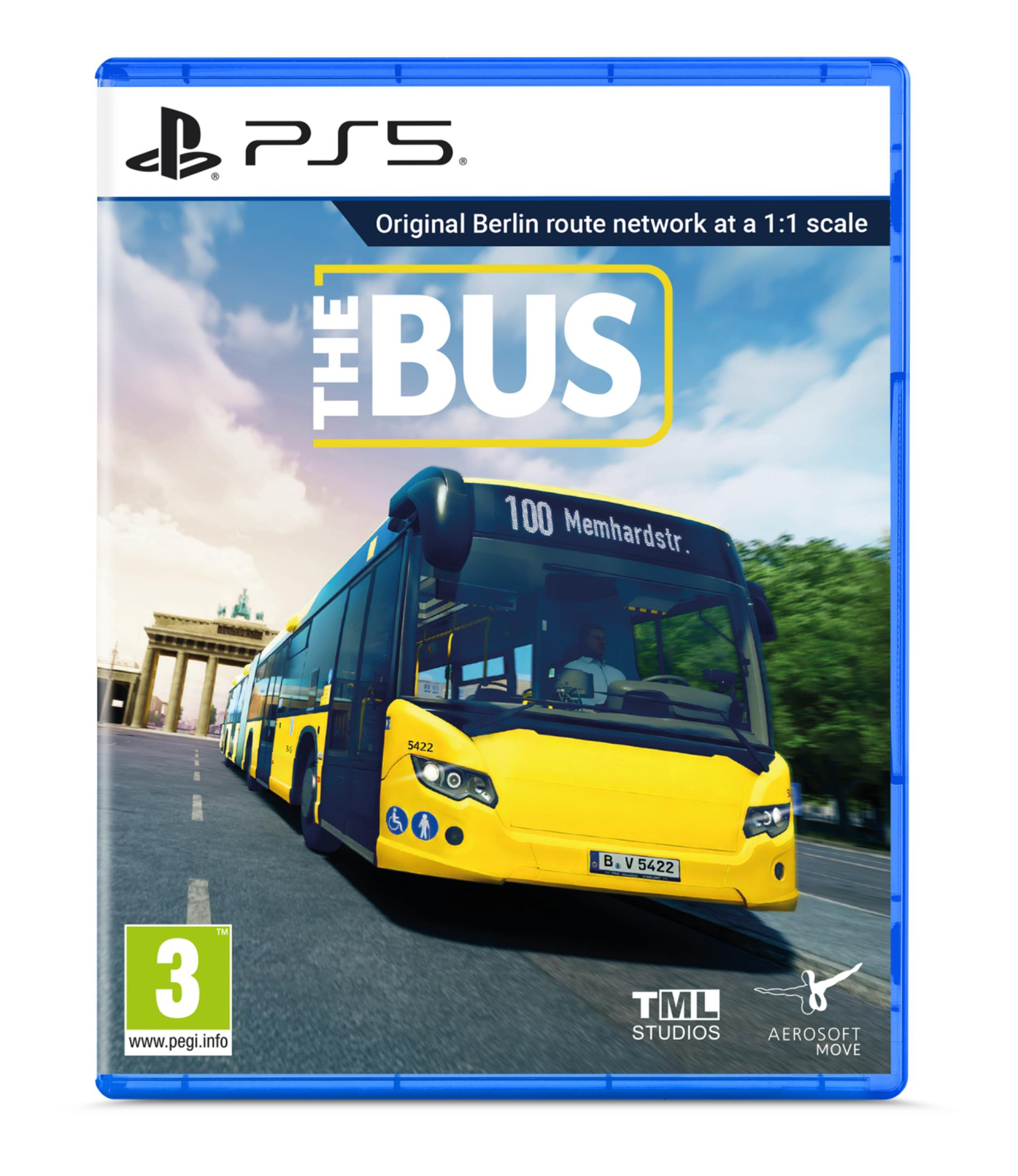 Autobus giallo davanti alla Porta di Brandeburgo, copertina PS5. Il Bus 100.