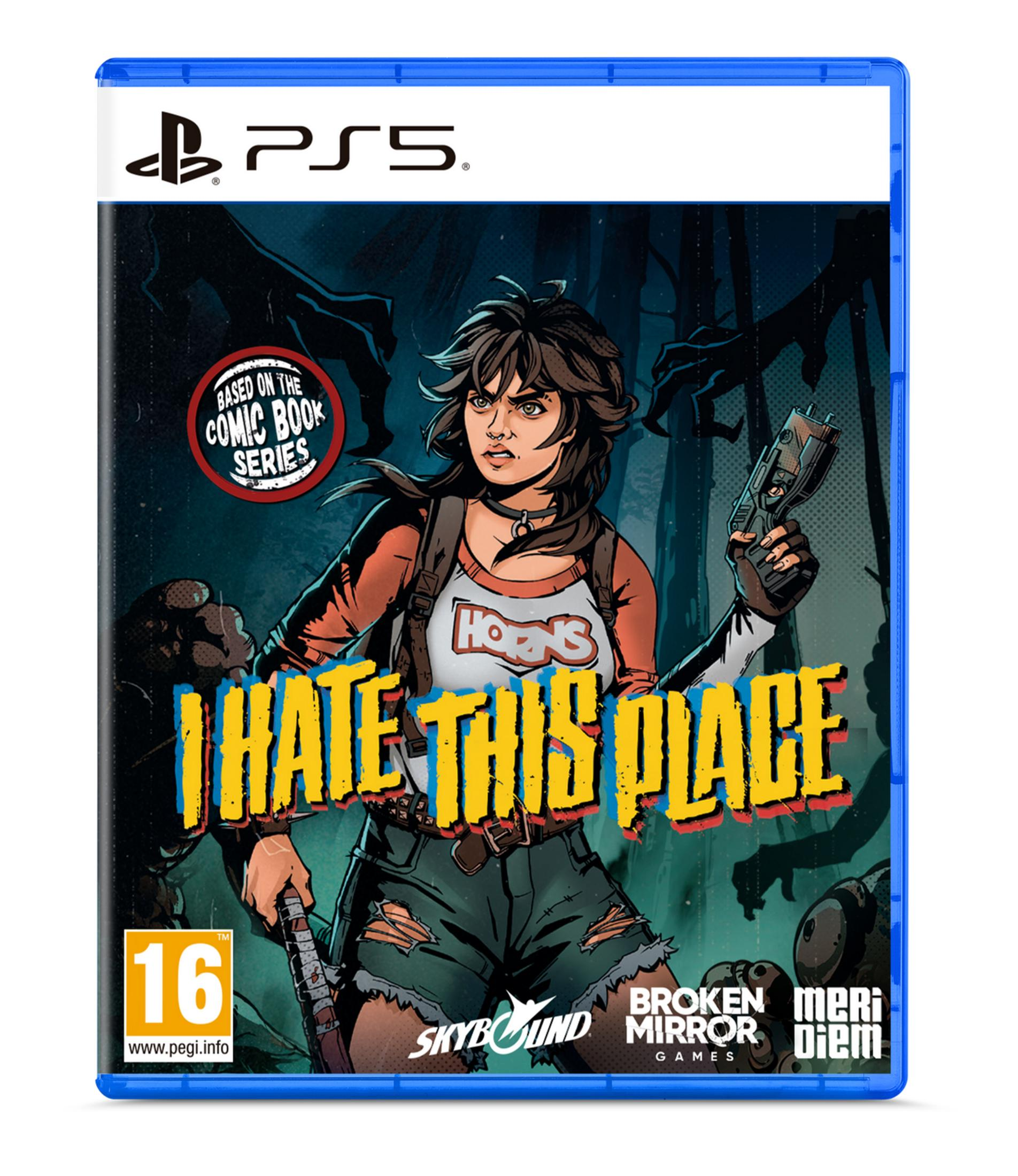 Copertina gioco PS5: donna con pistola, titolo 'I Hate This Place', arte fumetto horror.