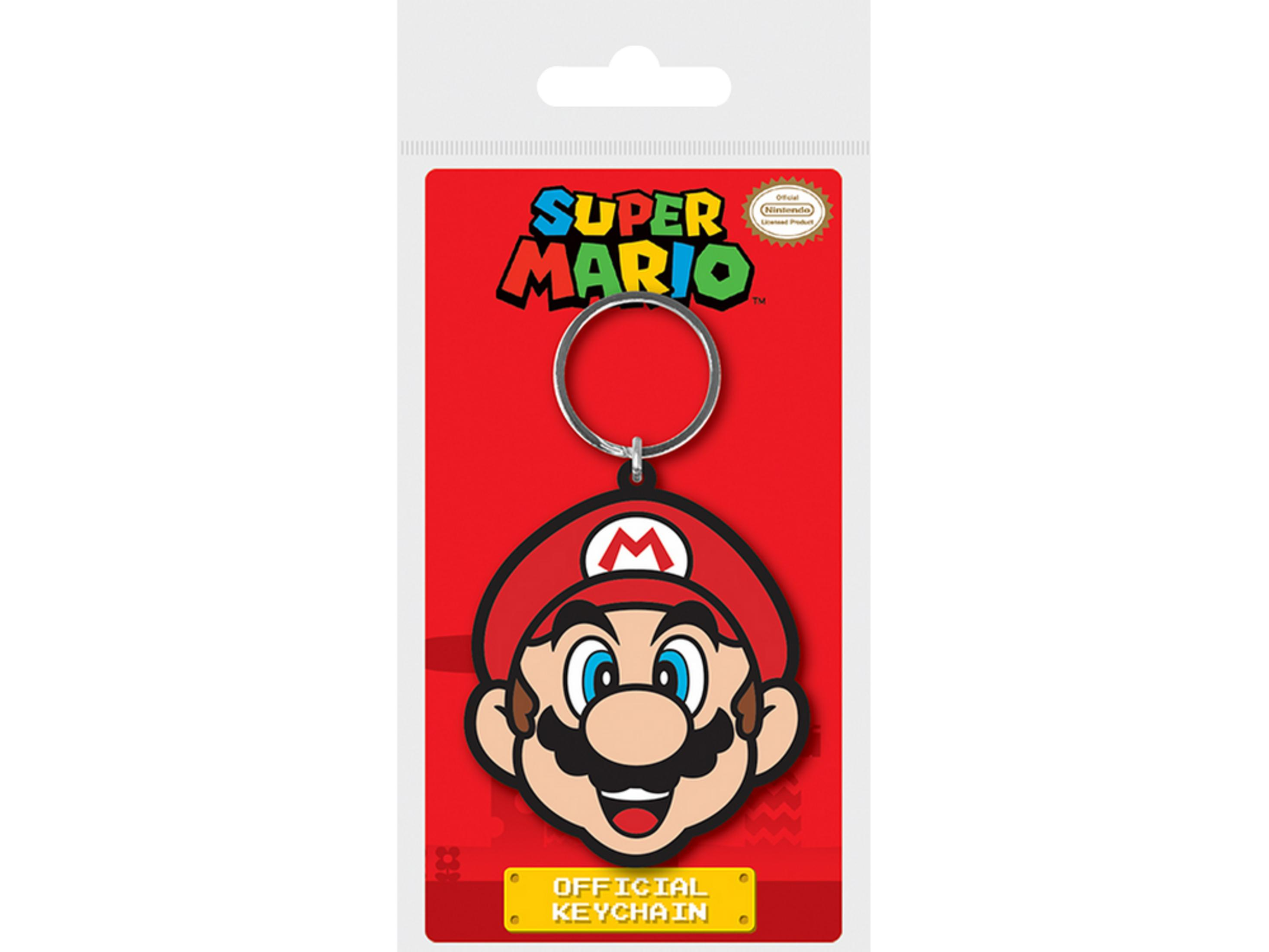 Llavero de Super Mario con la cabeza de Mario sobre fondo rojo.