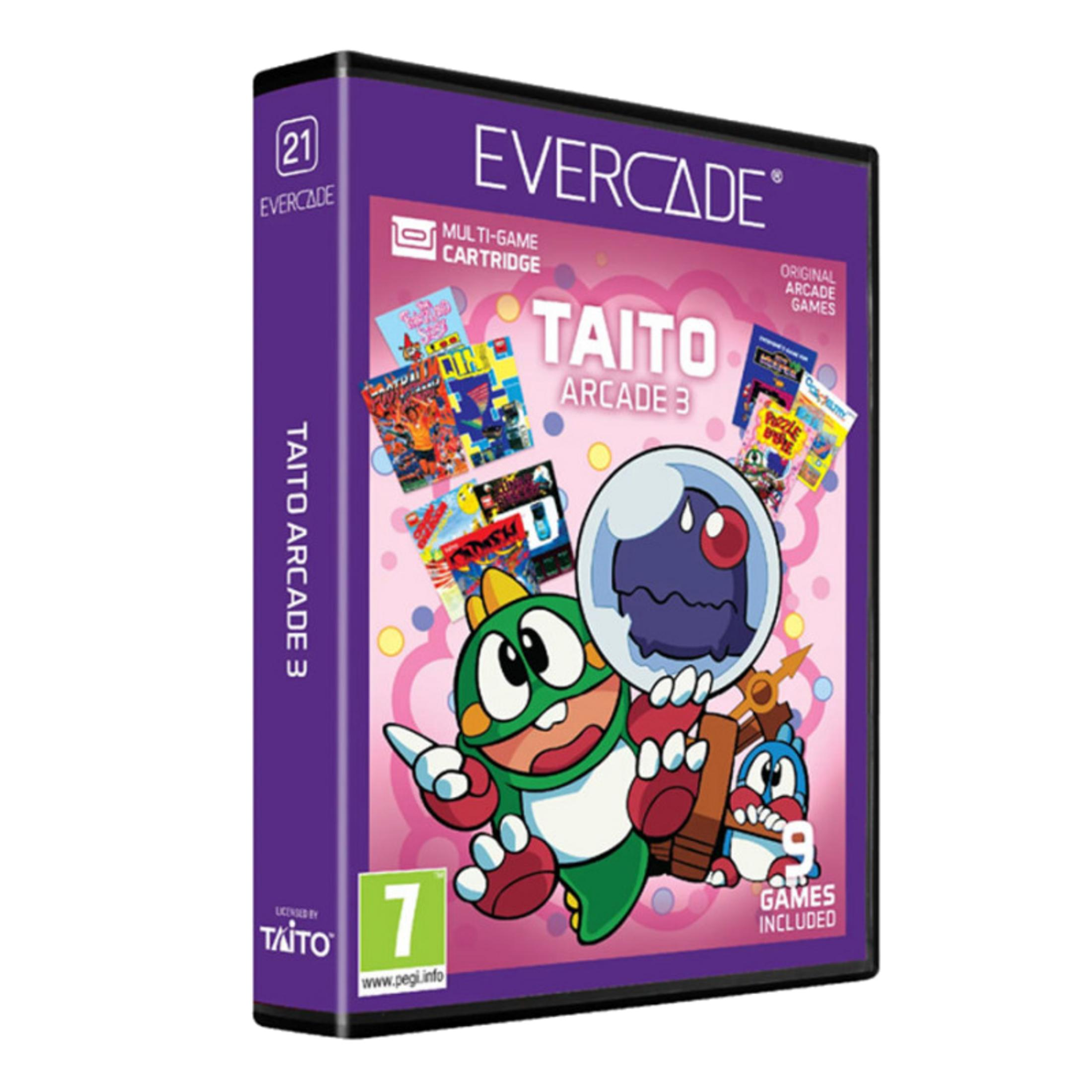 Custodia del gioco Evercade Taito Arcade 3 con personaggi e copertine. Include 9 giochi.