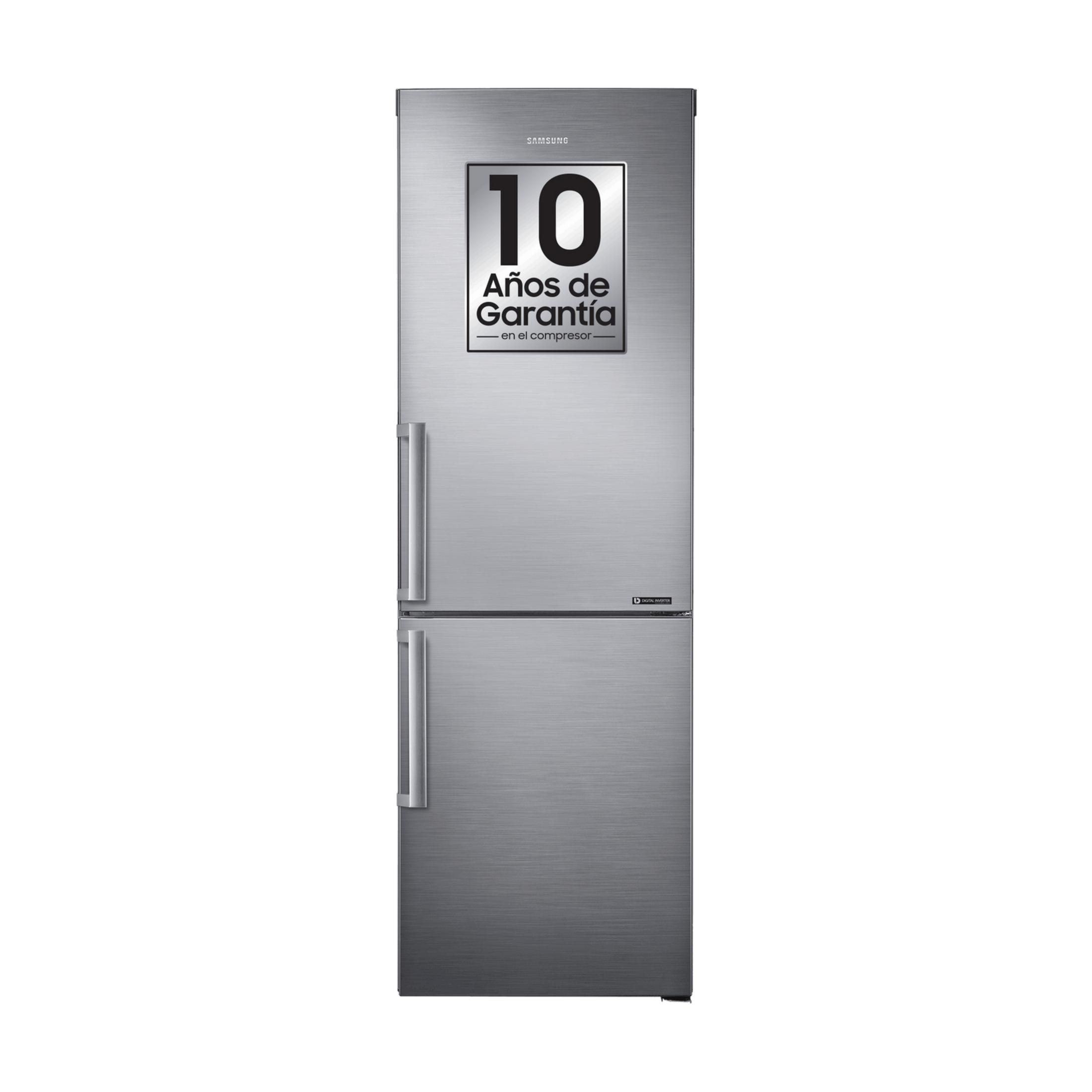A silver Samsung refrigerator with a 10-year warranty on the compressor.