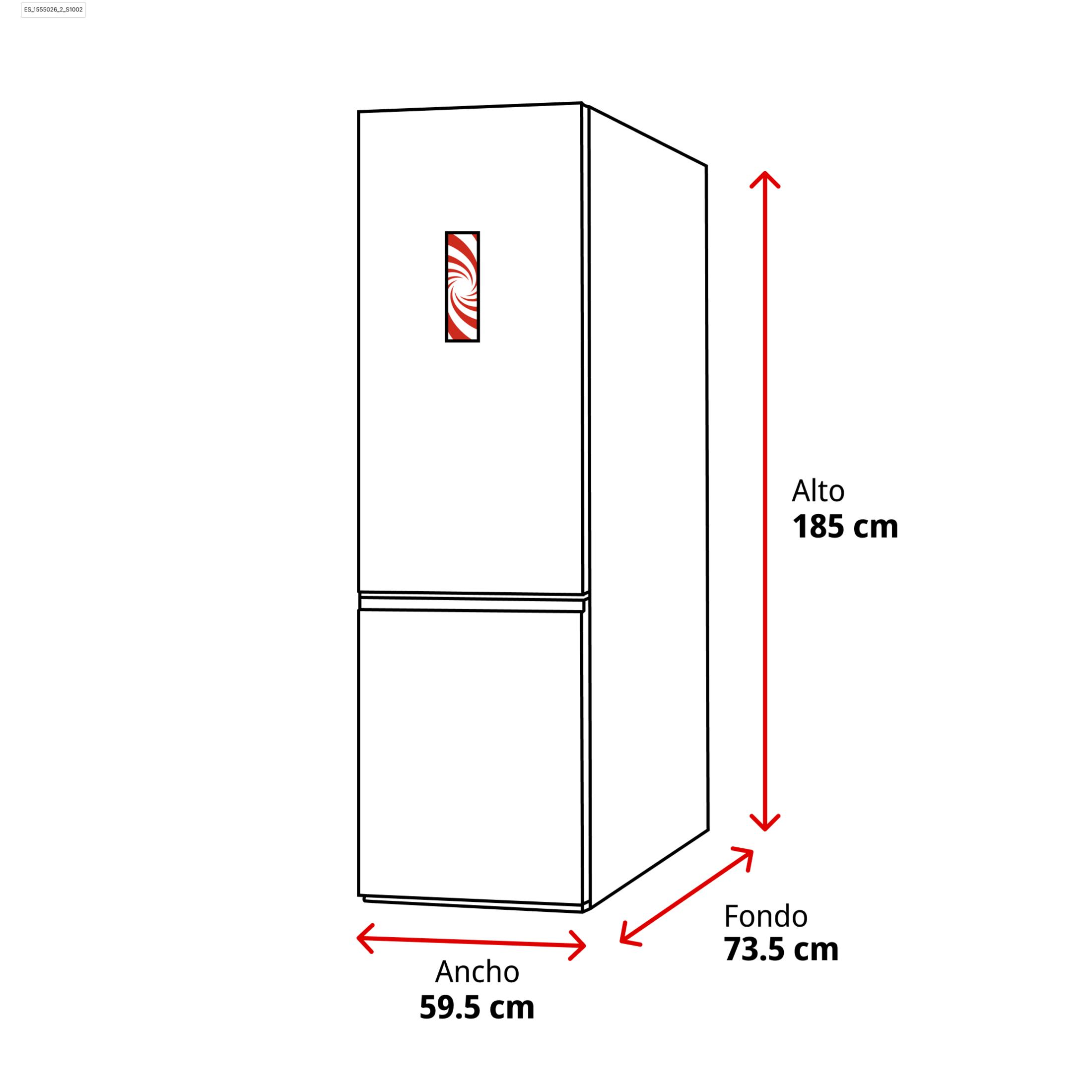Refrigerator with dimensions: Height 185 cm, Width 59.5 cm, Depth 73.5 cm.