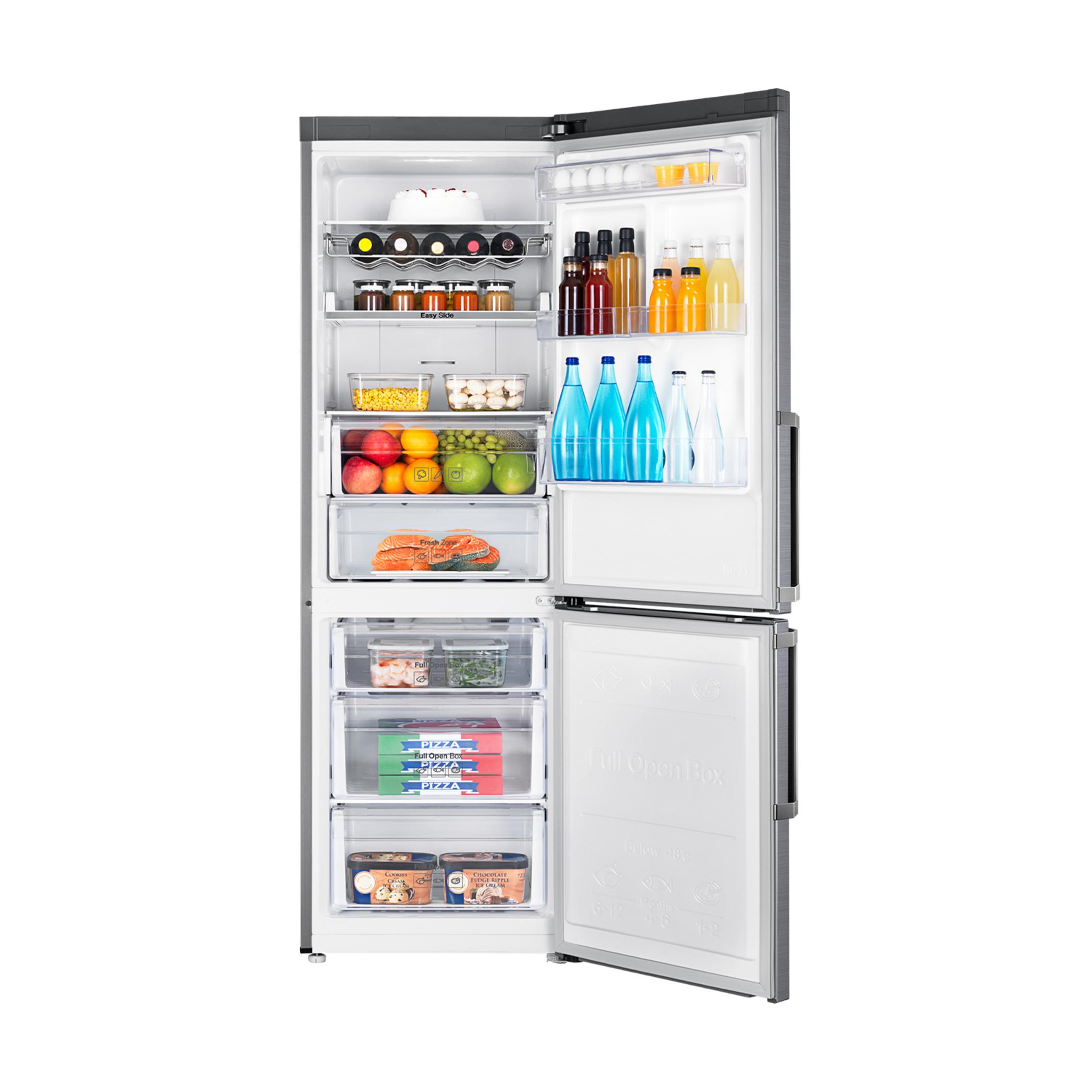 An open refrigerator displaying food, including fruits, vegetables, fish, and ice cream.