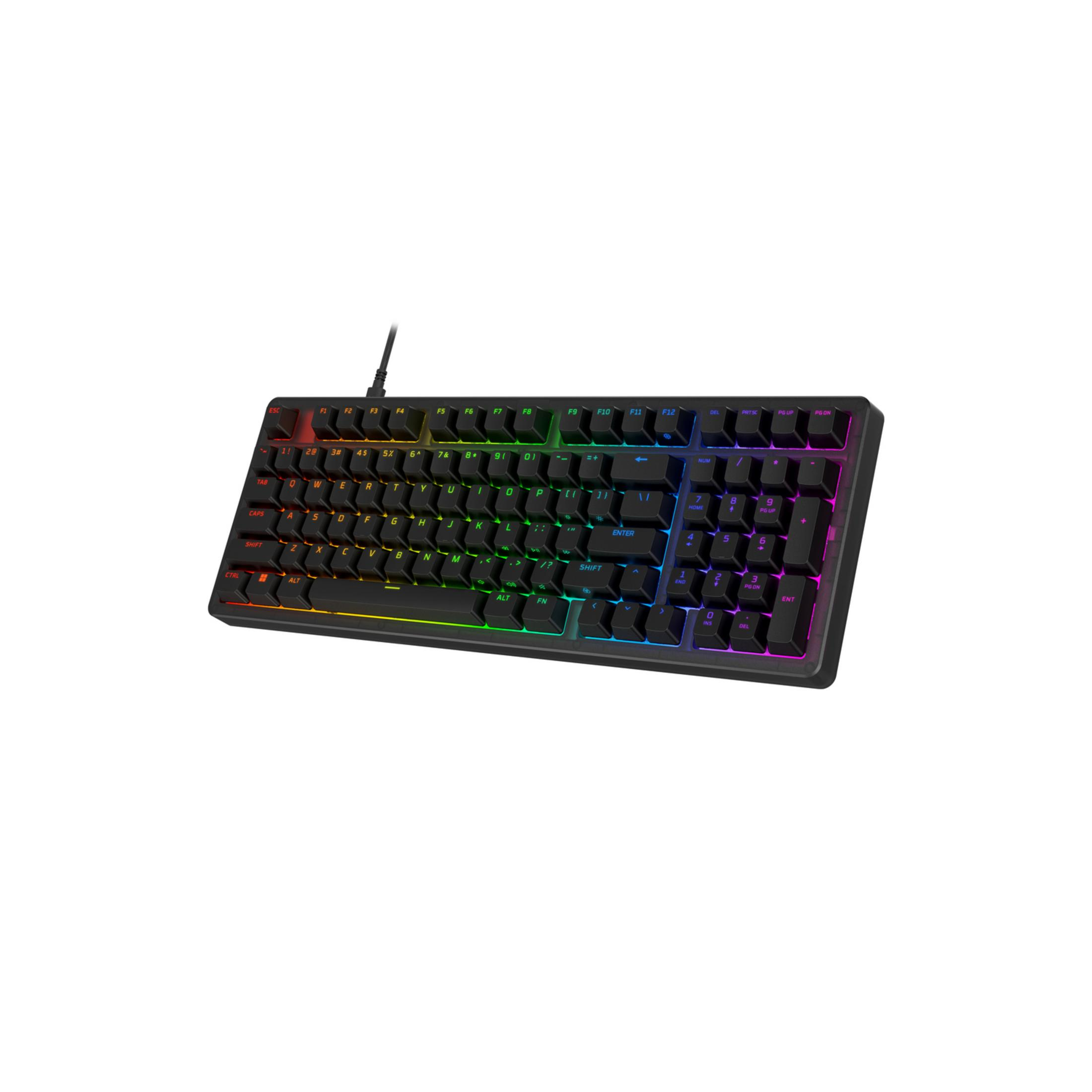 Tastiera nera con illuminazione RGB, tasti bianchi.