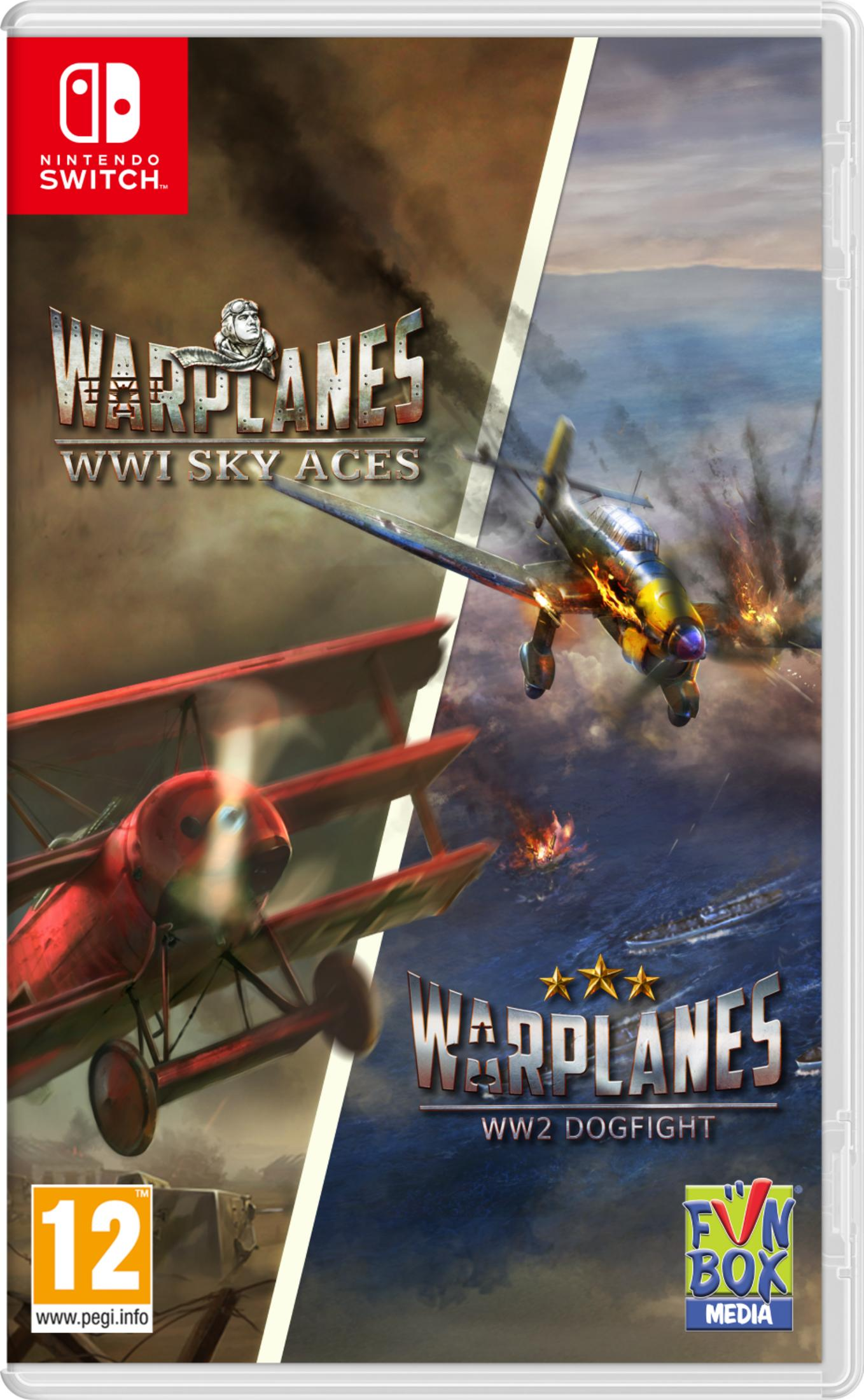 Copertina gioco Nintendo Switch: biplano WWI, caccia WW2 in battaglia.
