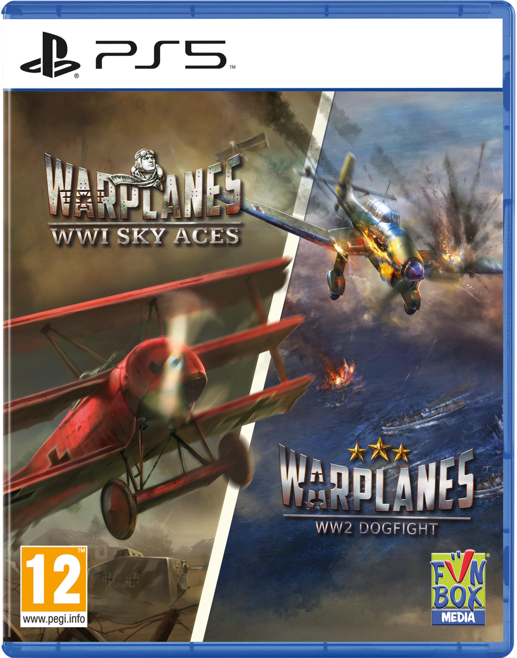 Copertina gioco PS5: Aerei in combattimento, WWI e WWII. Mostra biplano rosso e caccia giallo.