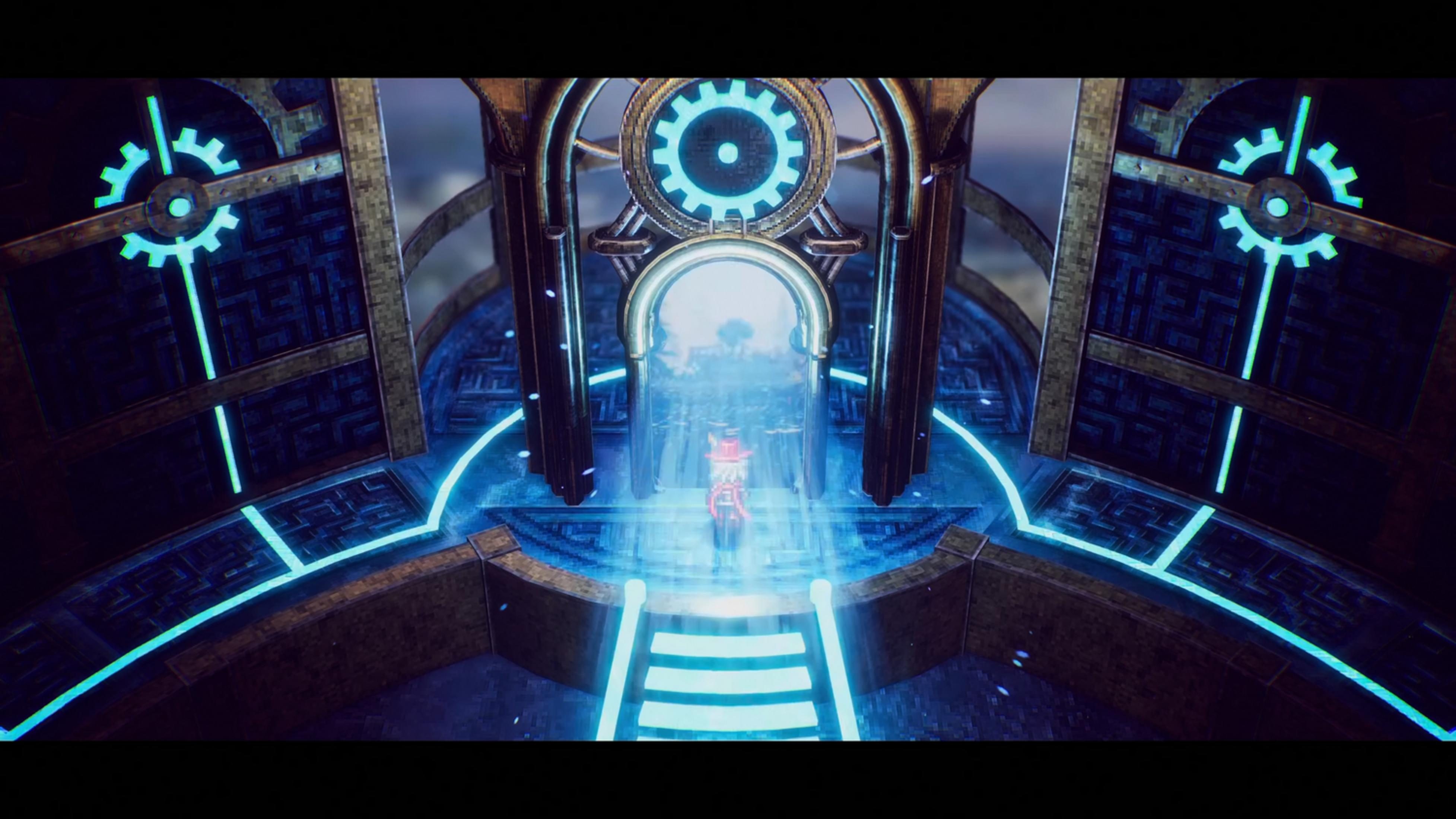 Una figura con sombrero rojo se alza en un salón futurista con luces azules.