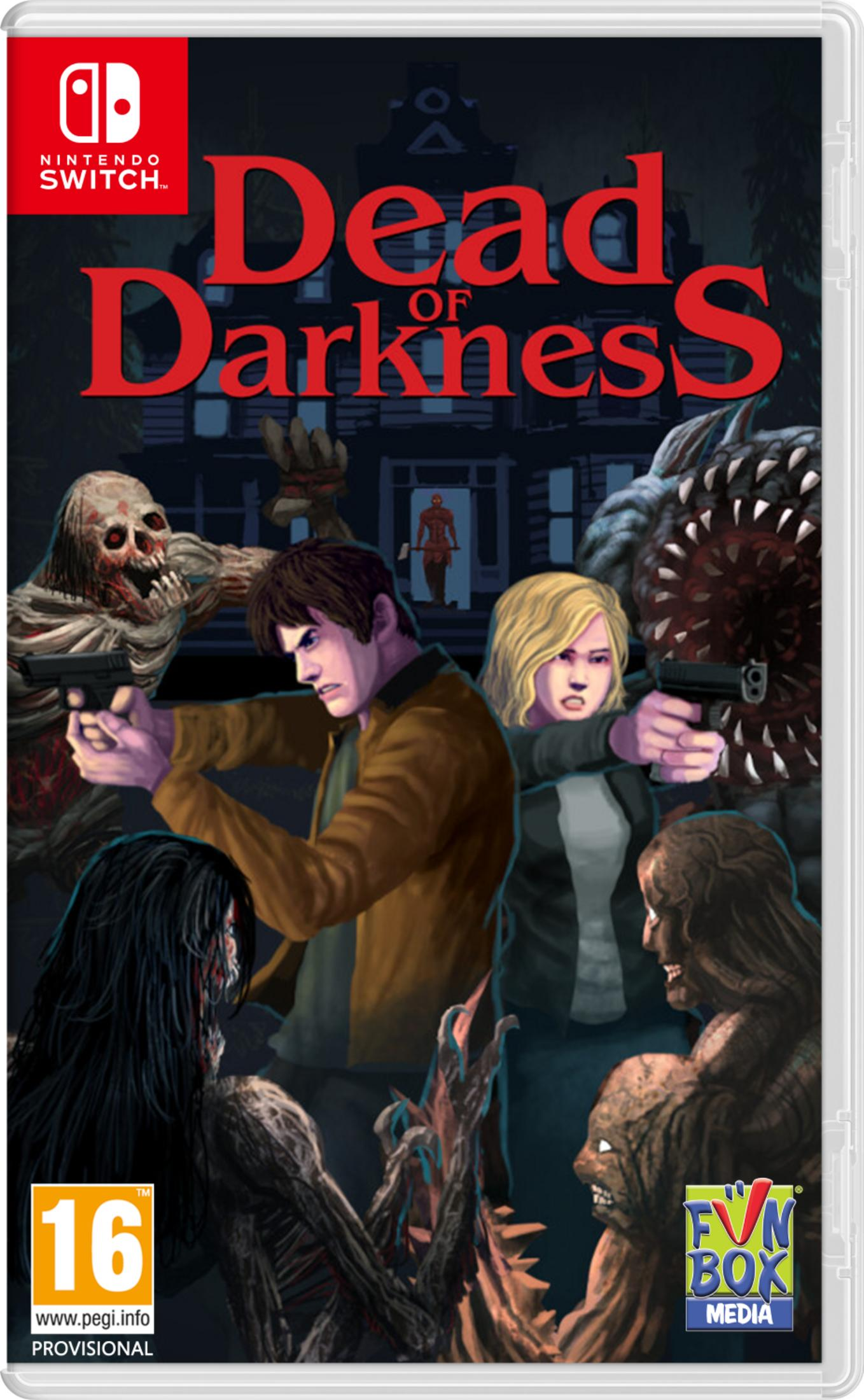 Un uomo e una donna sparano a zombie davanti a una casa. Copertina gioco Nintendo Switch.