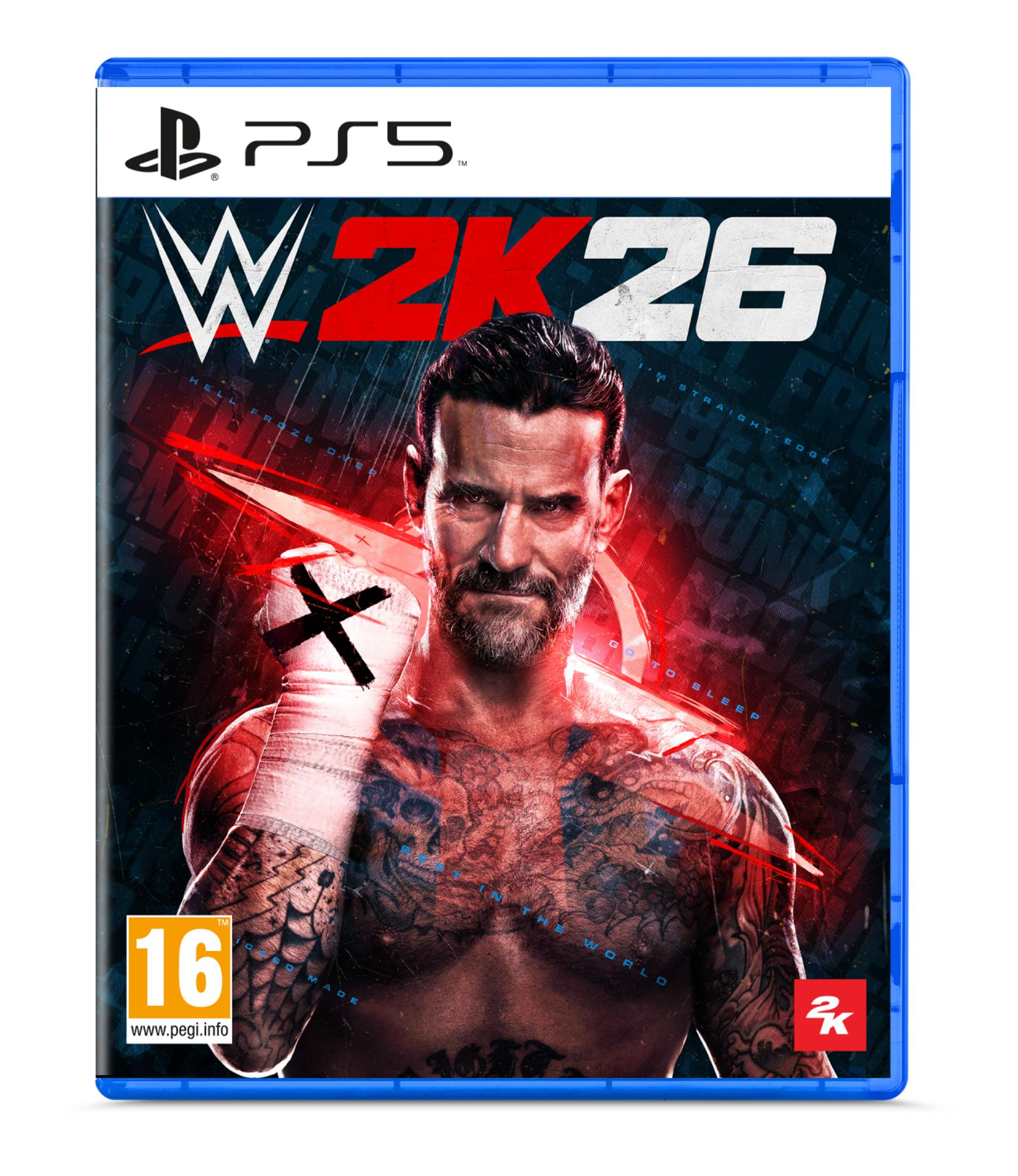 Copertina del gioco PS5 WWE 2K26 con il wrestler CM Punk di fronte a uno sfondo scuro e infuocato.