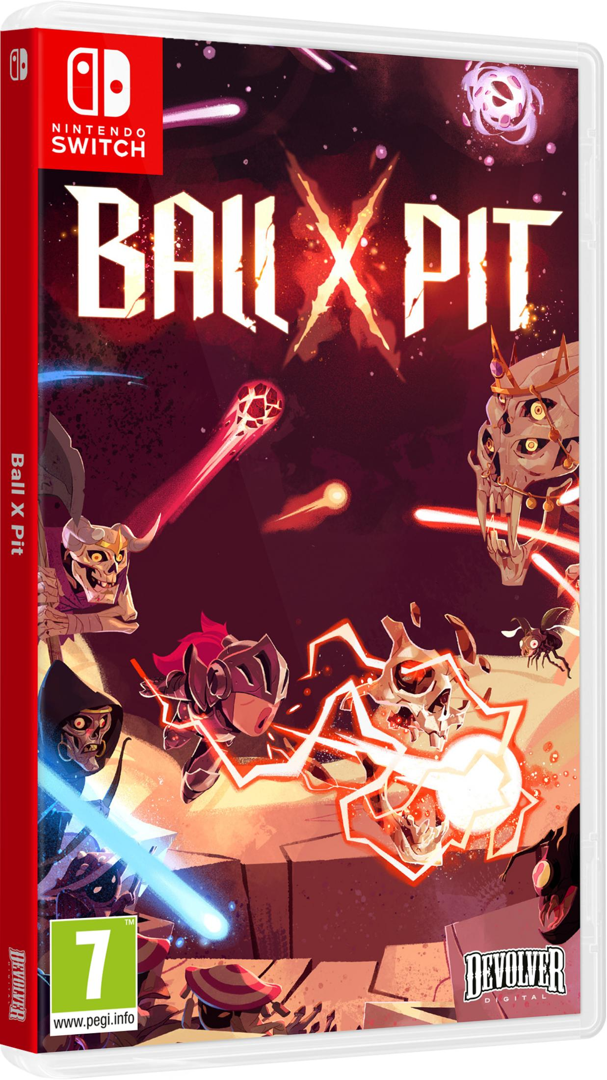 Copertina gioco Nintendo Switch Ball X Pit con scheletri, cavalieri e raggi energetici.