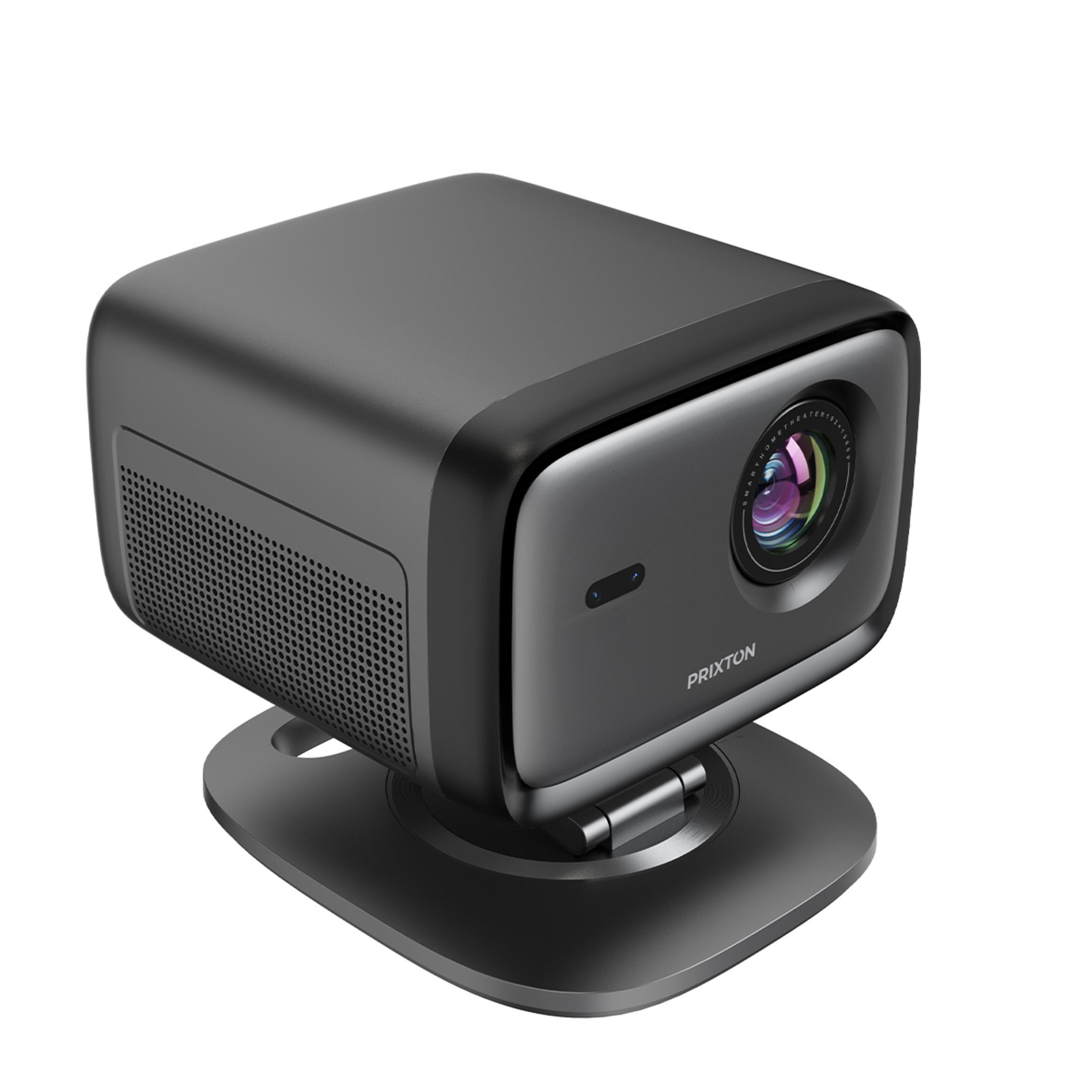 A compact, dark projector with a lens and a stand.
