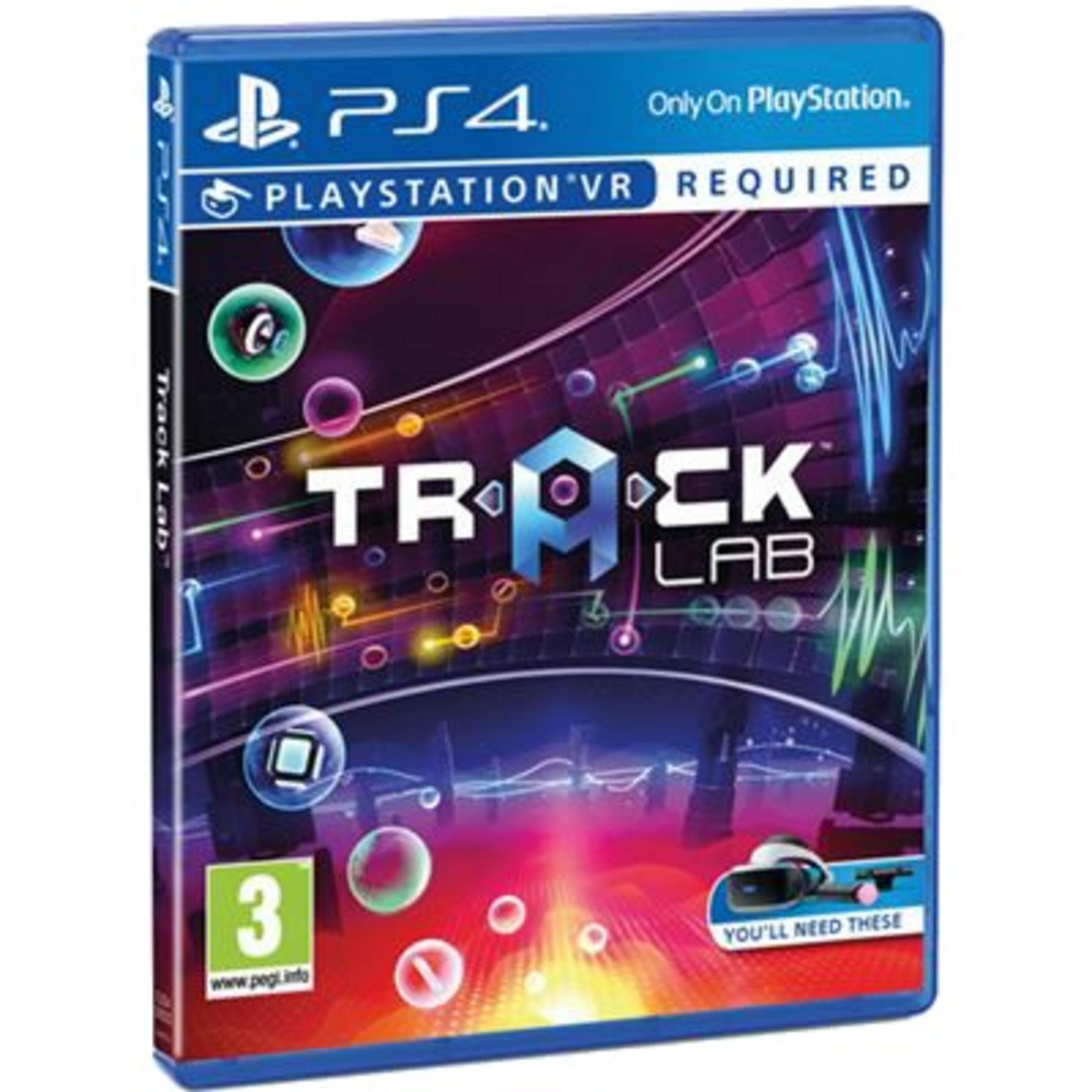Custodia del gioco PS4 Track Lab con requisiti VR e grafica colorata.