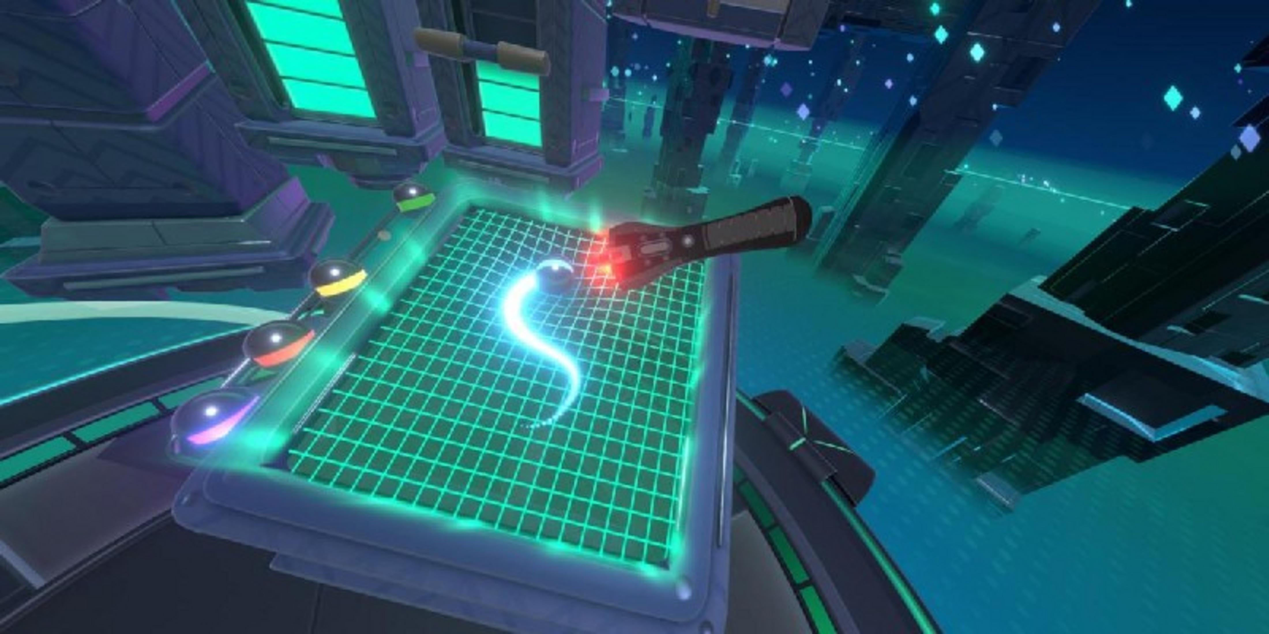 Un tabellone di gioco futuristico con una palla e una bacchetta luminosa in un ambiente al neon.
