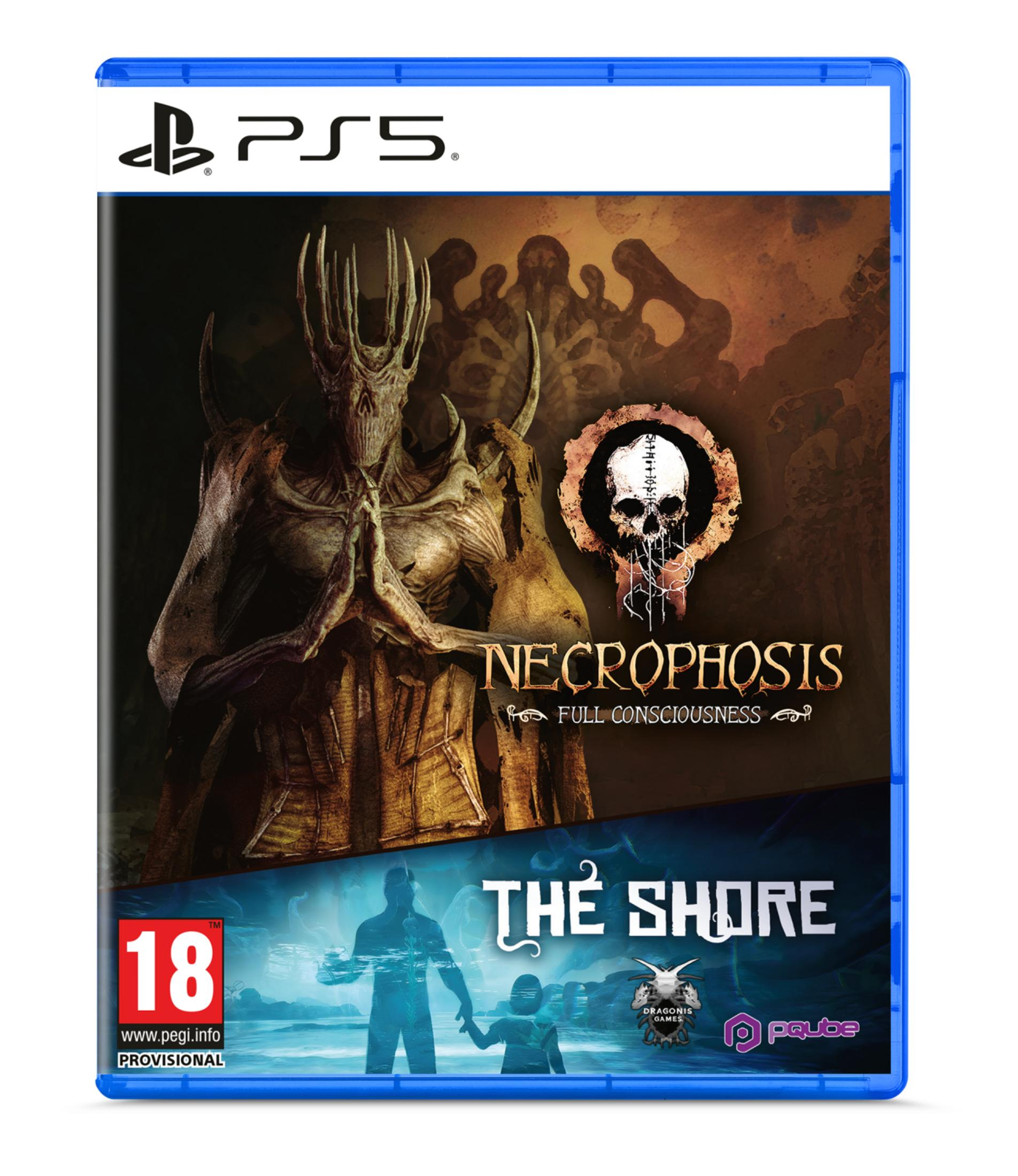 Custodia gioco PS5 con stemma teschio e figura inquietante. Titoli 'Necro' e 'The Shore'.