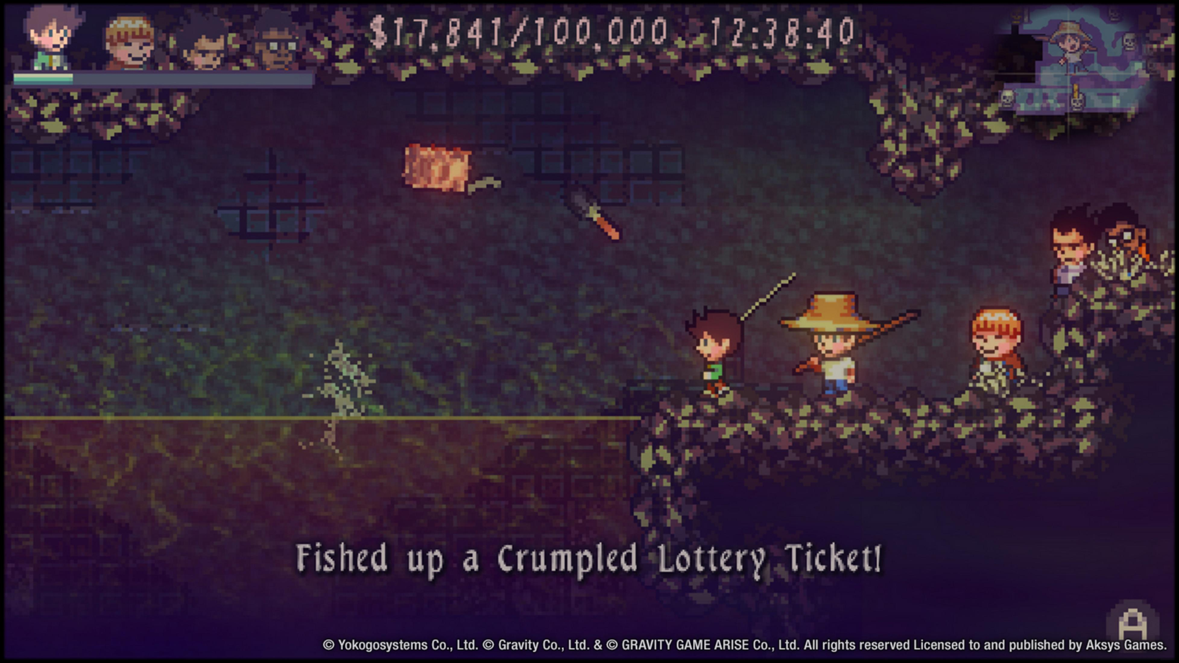 Personaggi pixel pescando di notte. Uno ha pescato un biglietto della lotteria stropicciato.