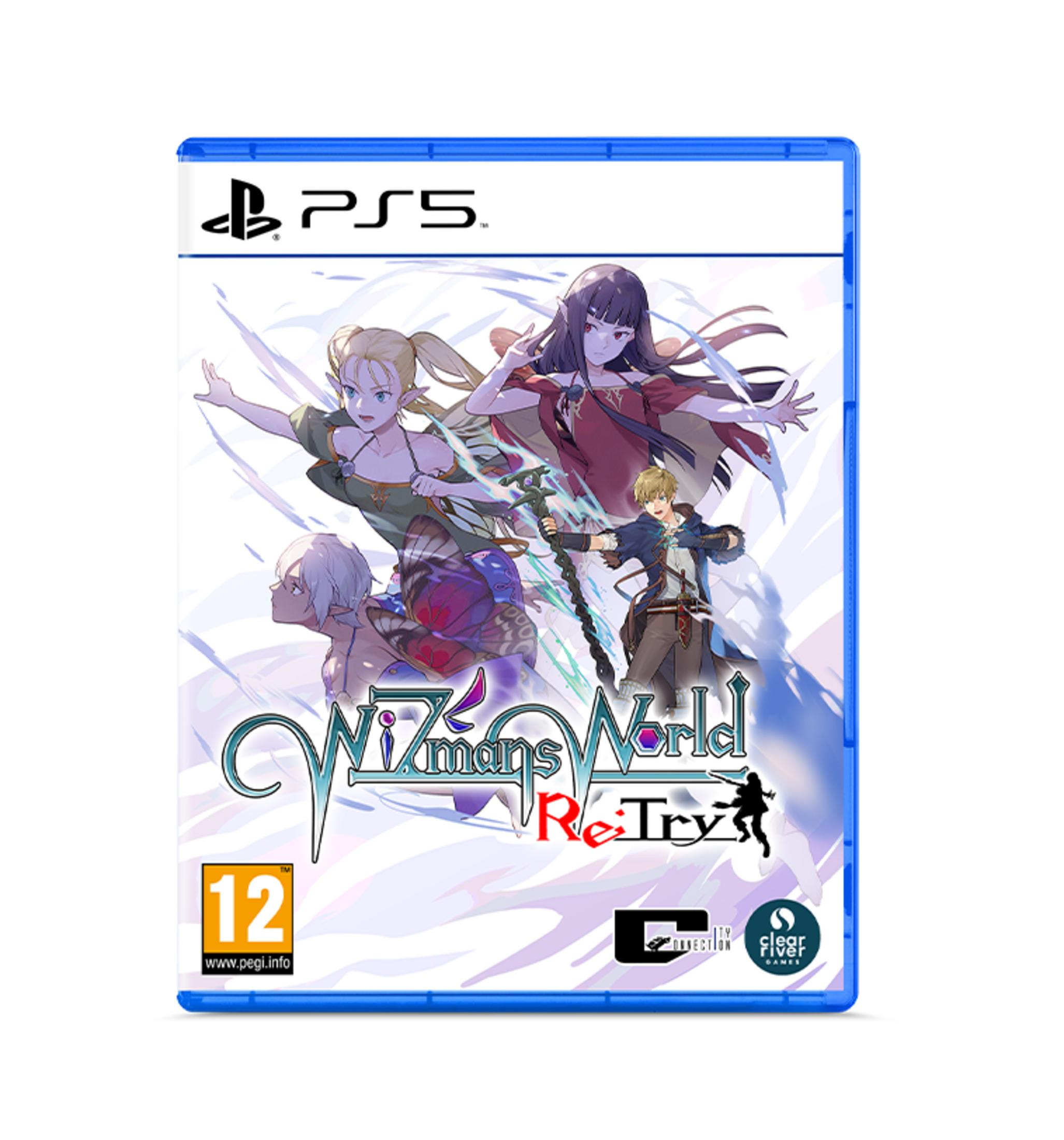 Custodia gioco PS5 con personaggi anime, logo "Wizman's World ReTry" e classificazione 12.
