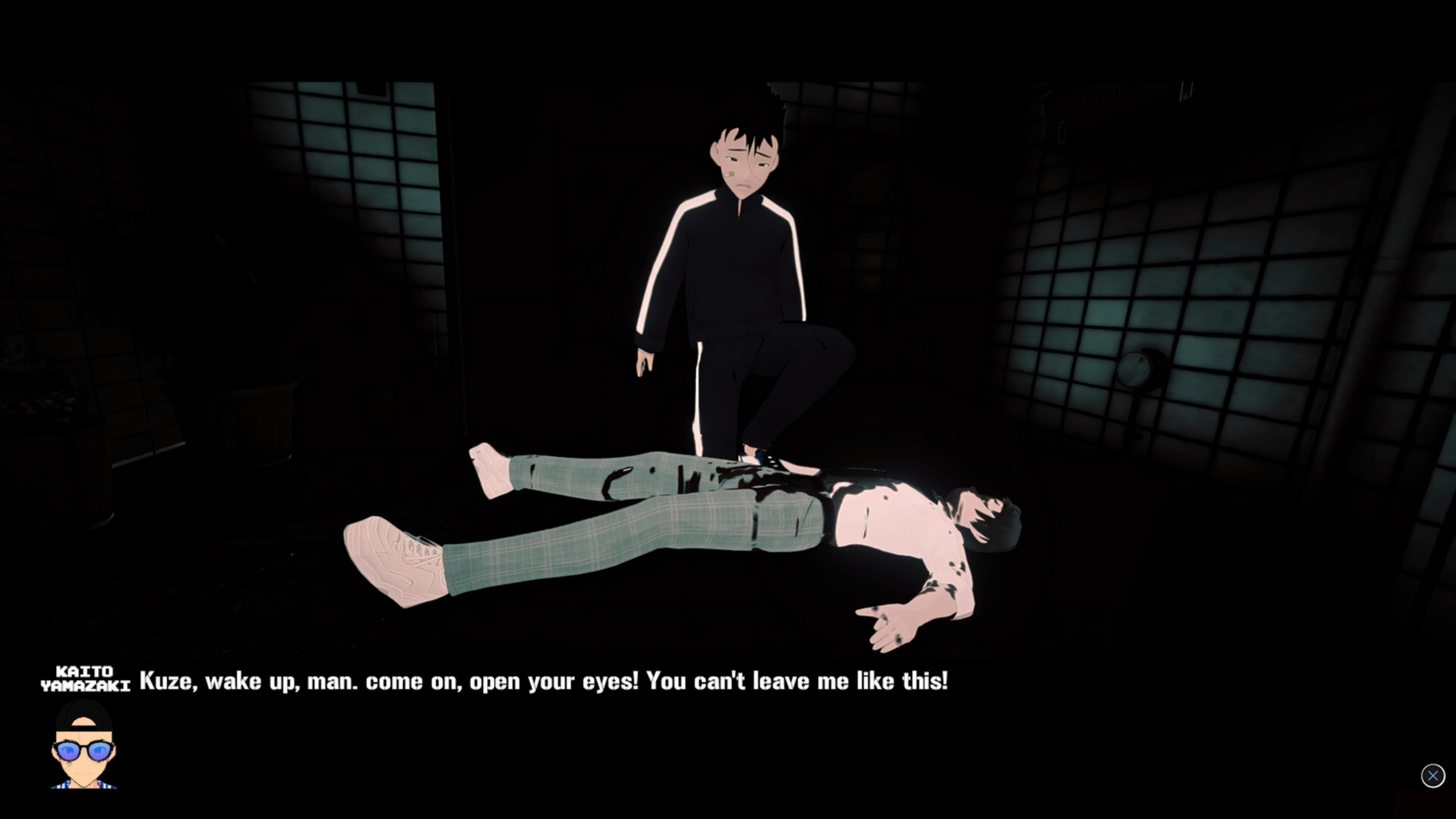 Un hombre yace en el suelo, otro está sobre él. Escena oscura.