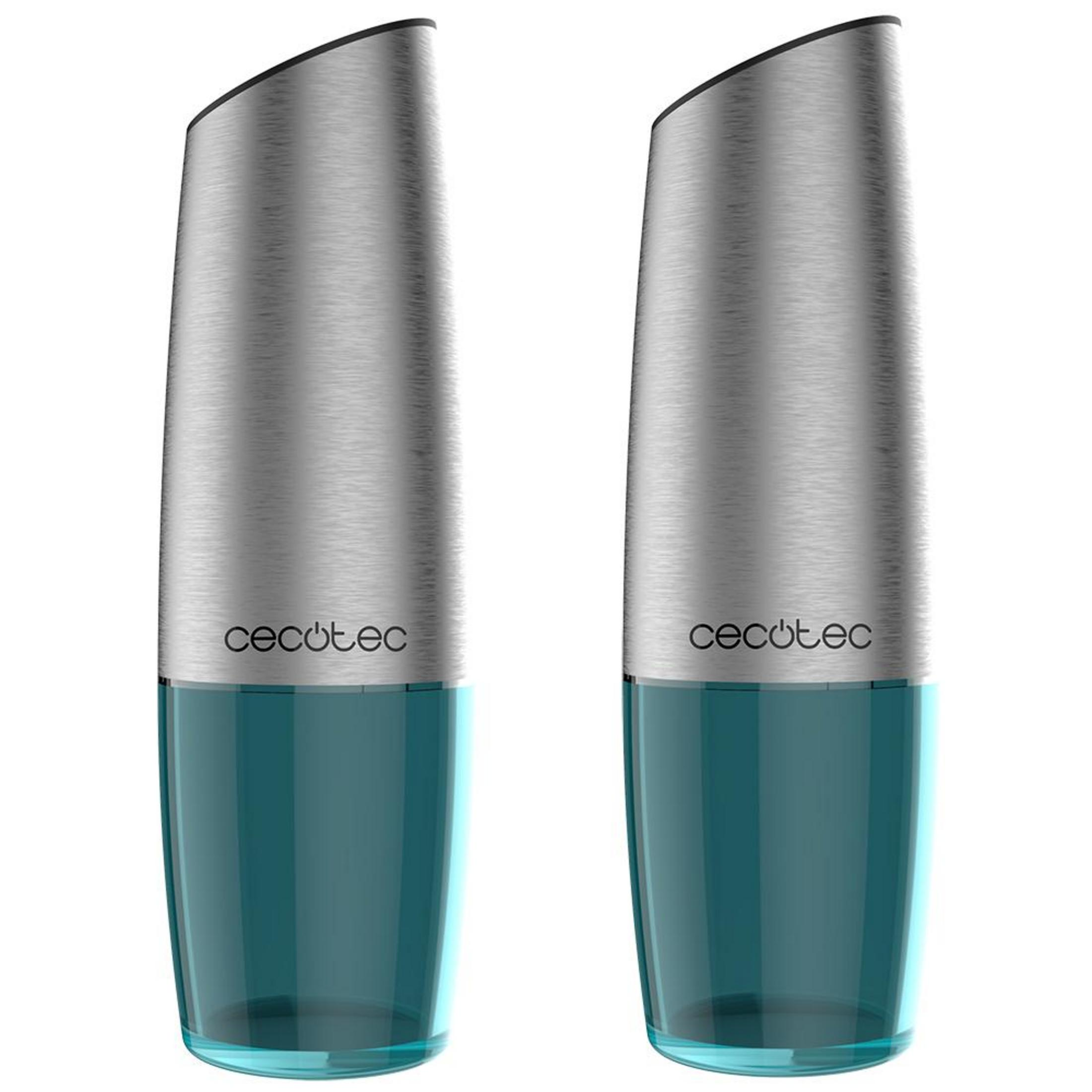 Two silver and blue coffee grinders stand side by side.