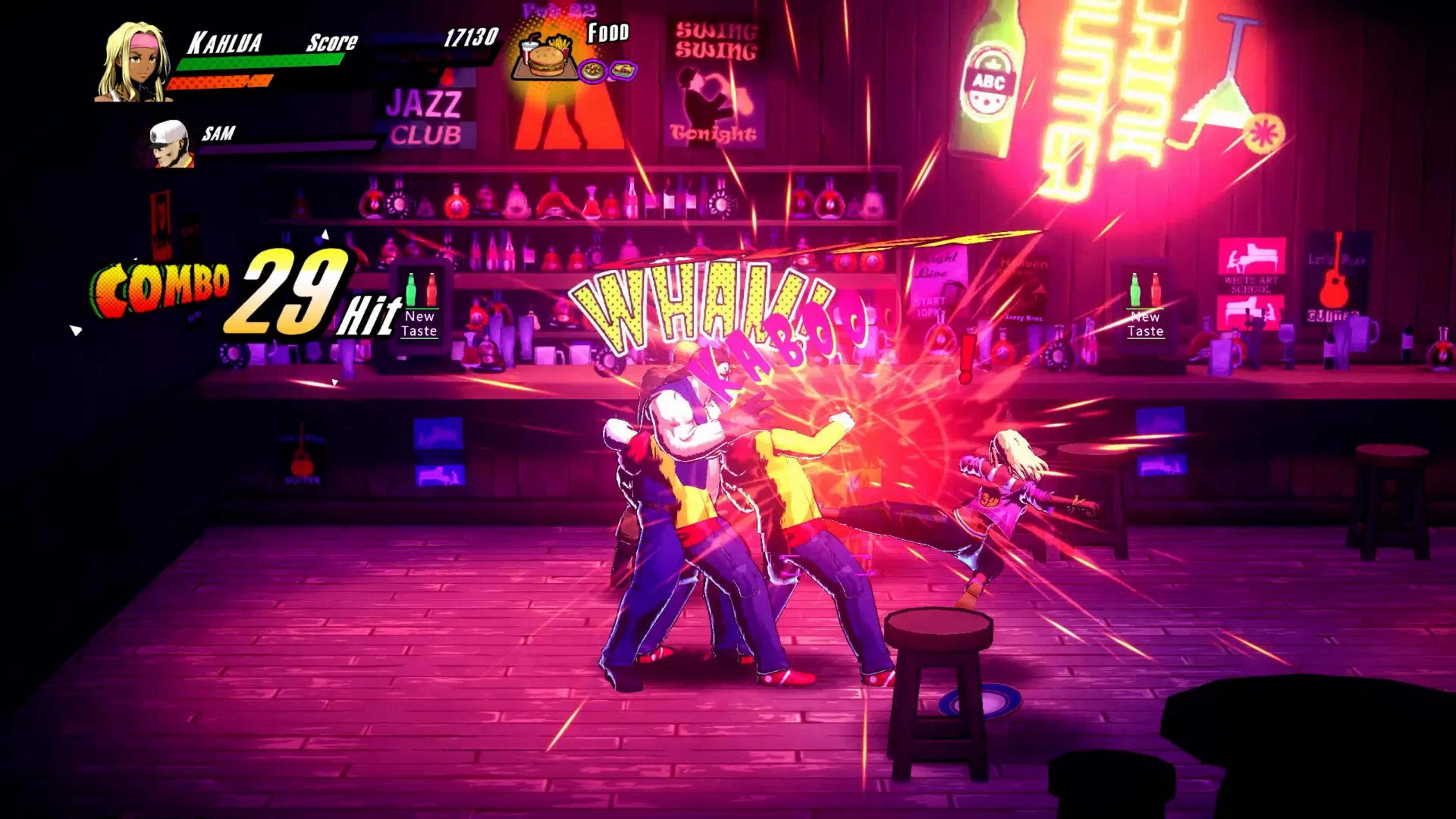 Combattimento in un bar con luci al neon, personaggi che colpiscono. Combo 29 colpi.
