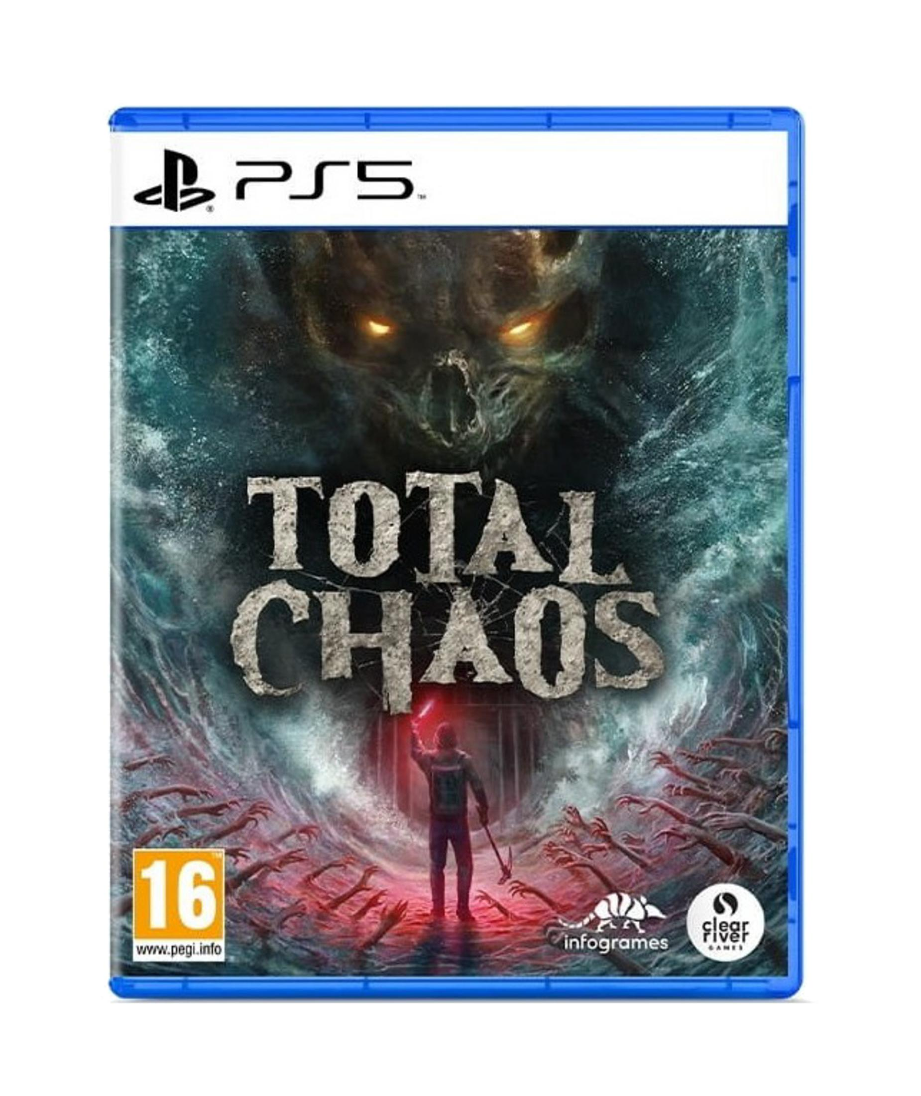 Copertina PS5 Total Chaos: Uomo con ascia in acqua rossa, mani emergono.