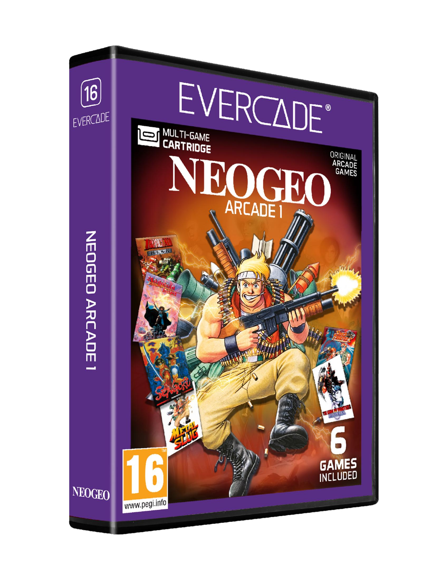 Custodia gioco Evercade Neogeo Arcade 1 con personaggio d'azione, armi e copertine.