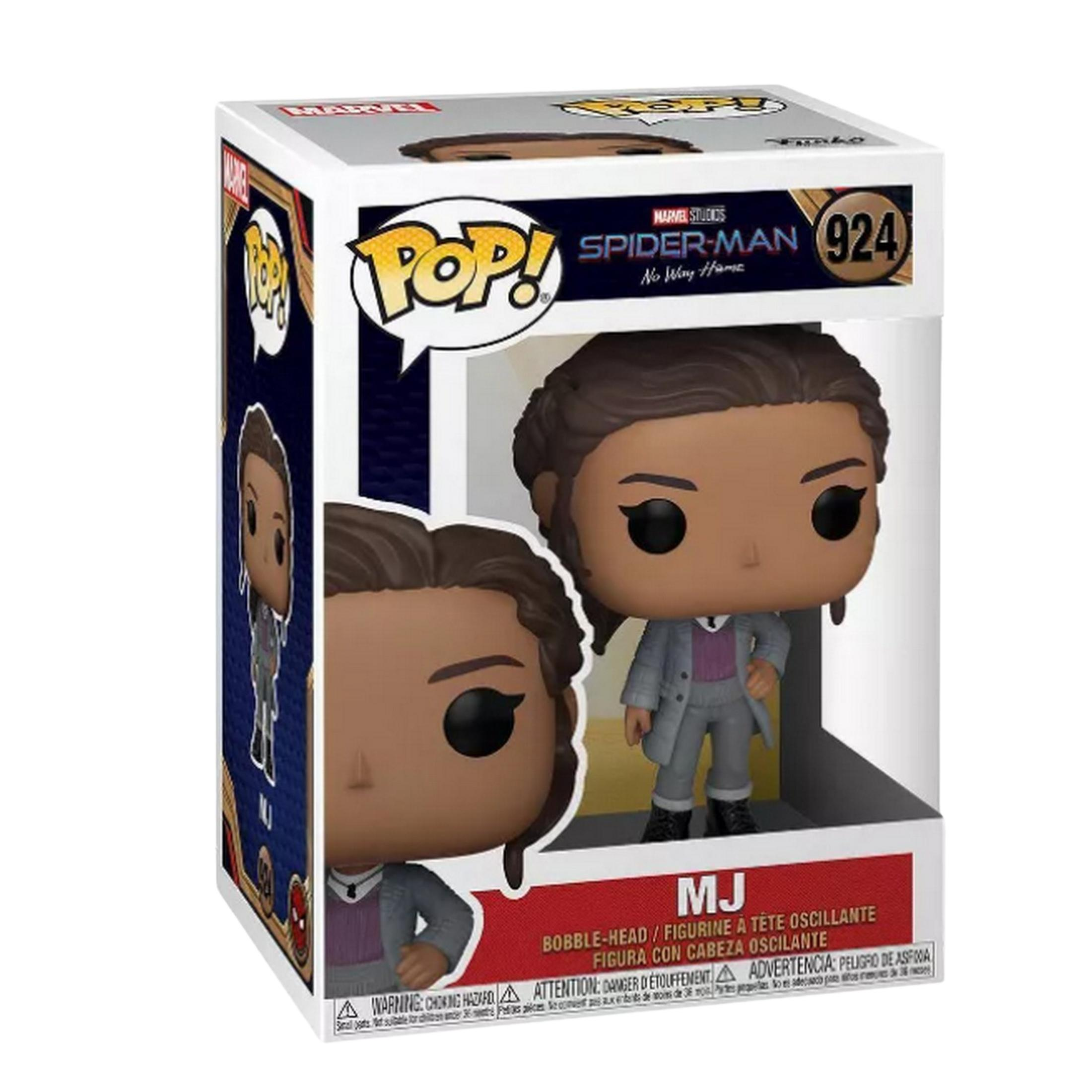 Action figure Funko Pop di MJ da Spider-Man: No Way Home nella sua scatola.