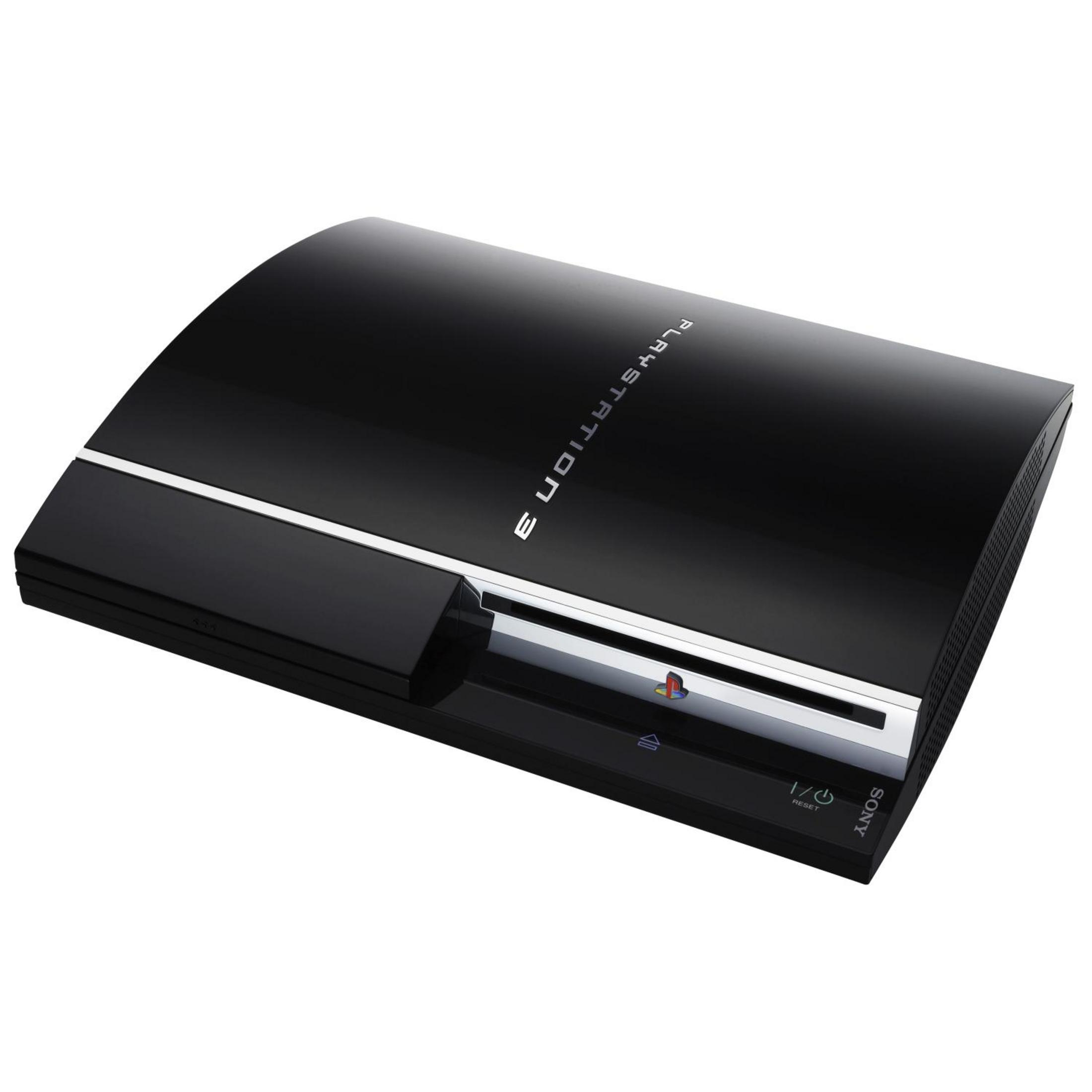 Schwarze PlayStation 3 Konsole mit silbernem Streifen und "PLAYSTATION 3" Schriftzug.