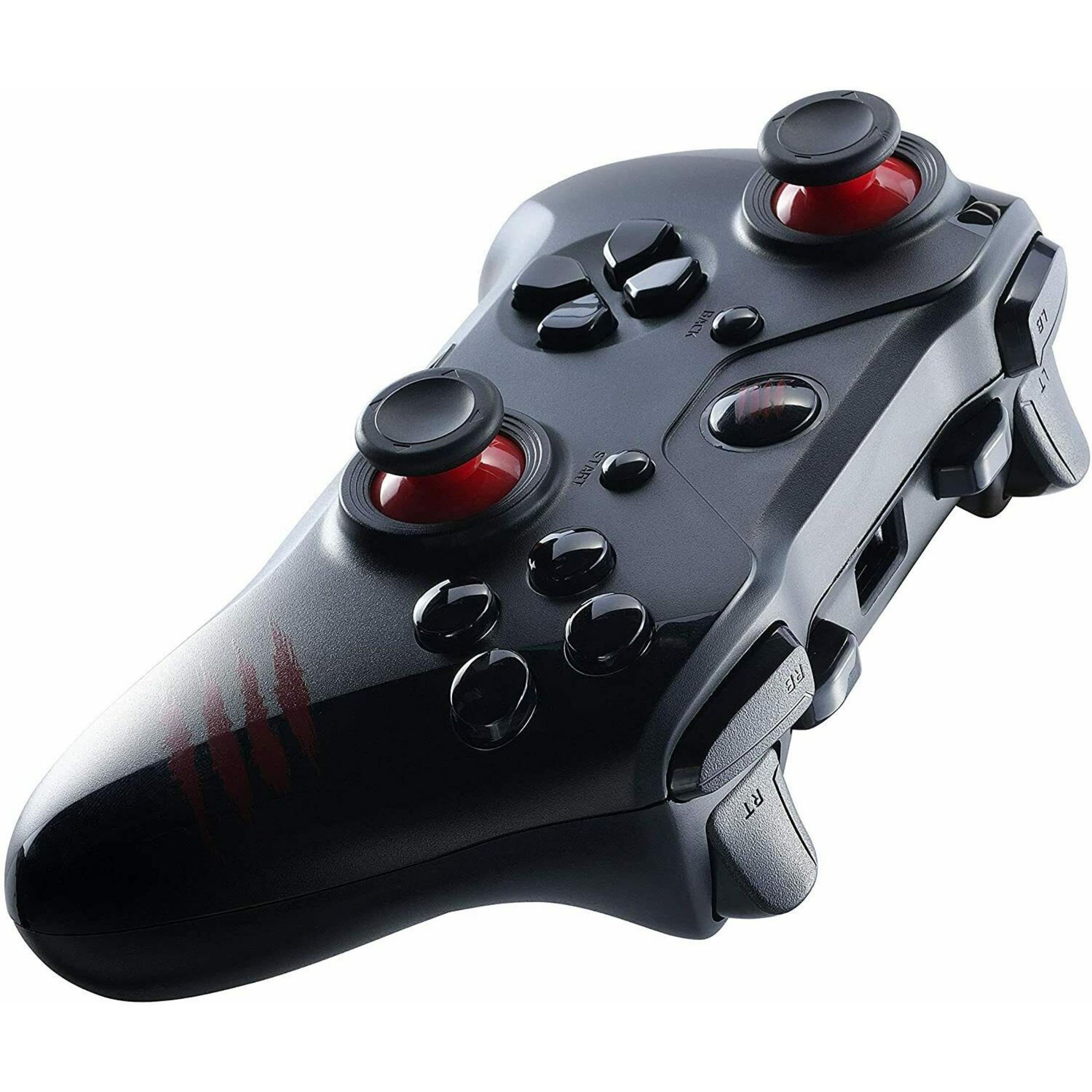 Controller nero con accenti rossi e graffi.