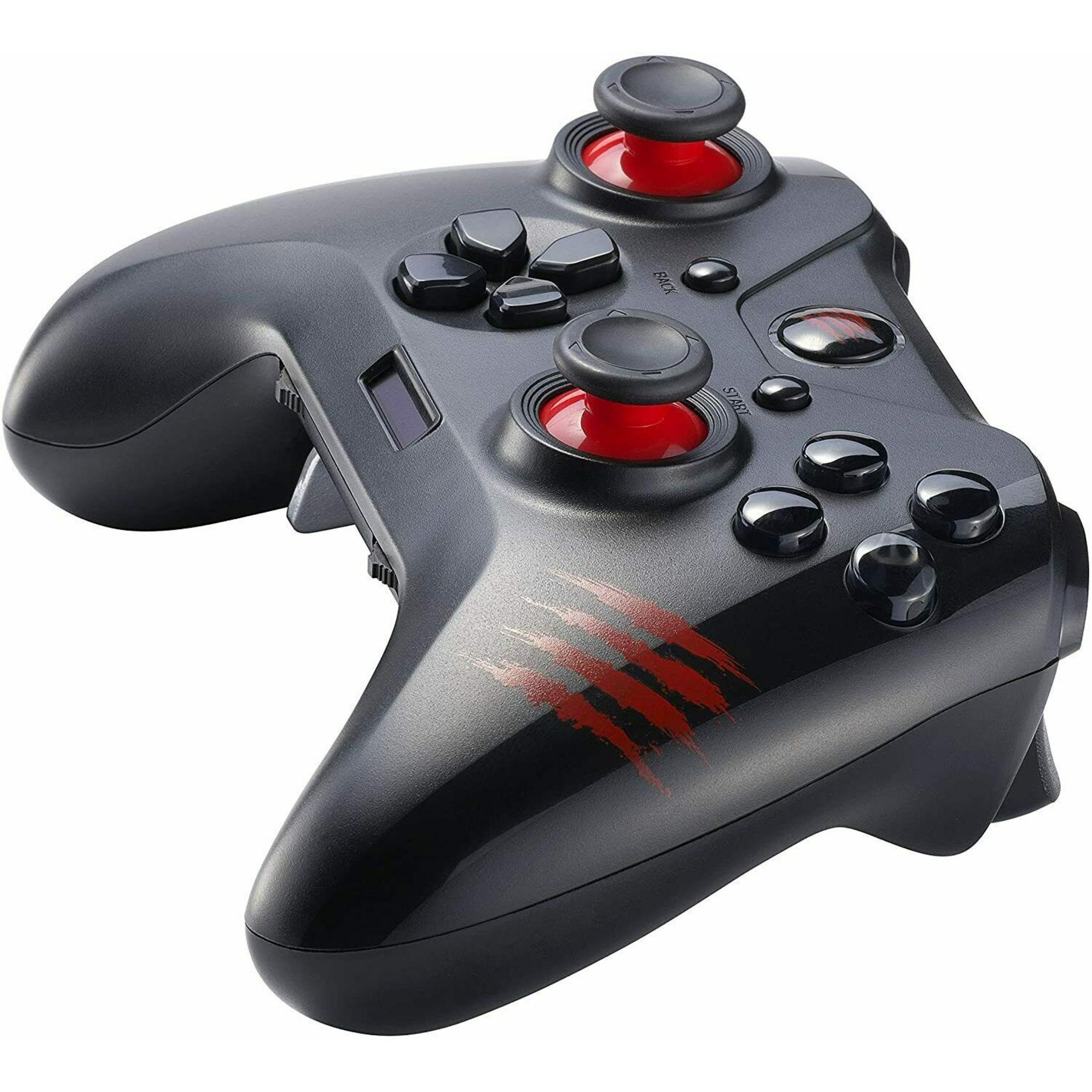 Controller da gioco nero con accenti rossi e dettagli ad artiglio.