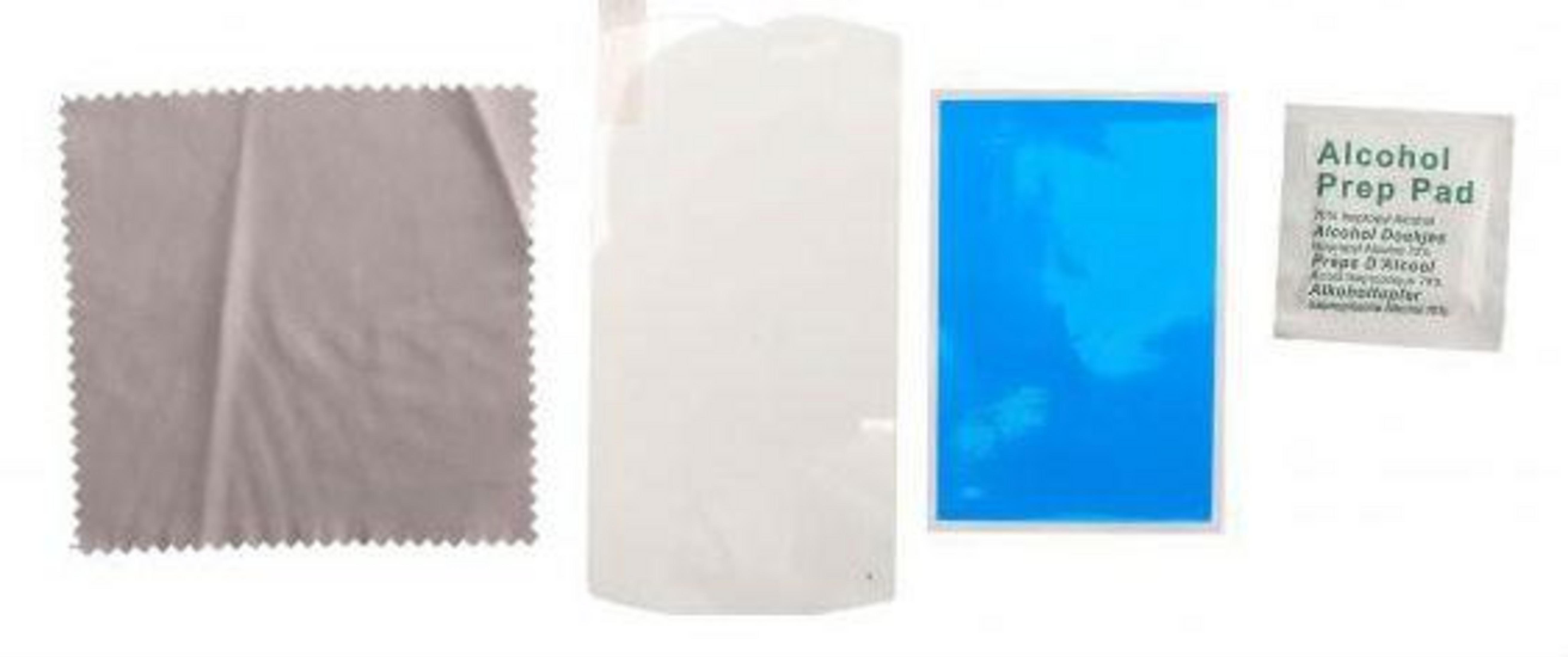 Ein graues Tuch, eine Displayschutzfolie, ein blaues Gelpack und ein Alkoholtuch.