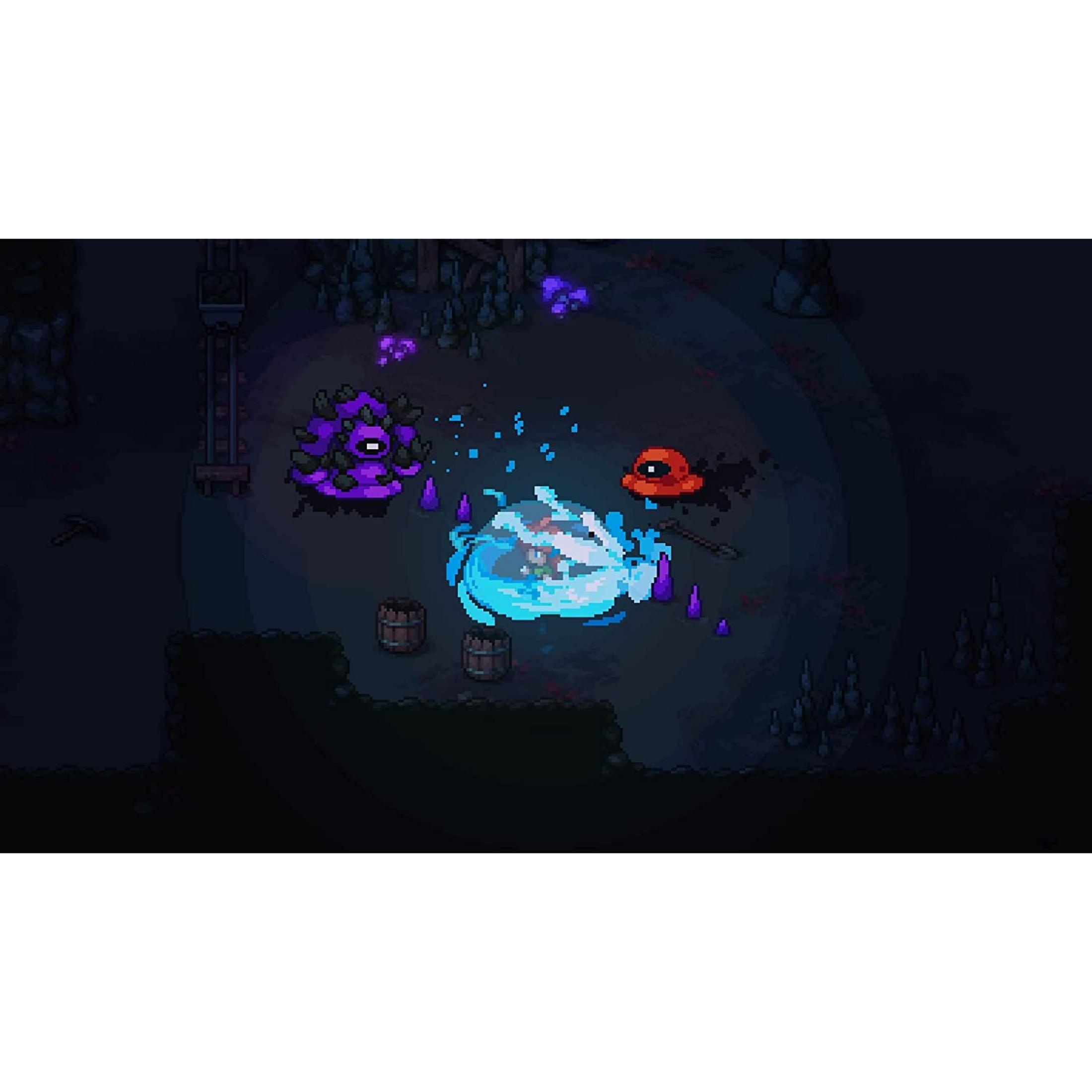 Scena di gioco pixel art con un personaggio in energia blu, che combatte un mostro viola.