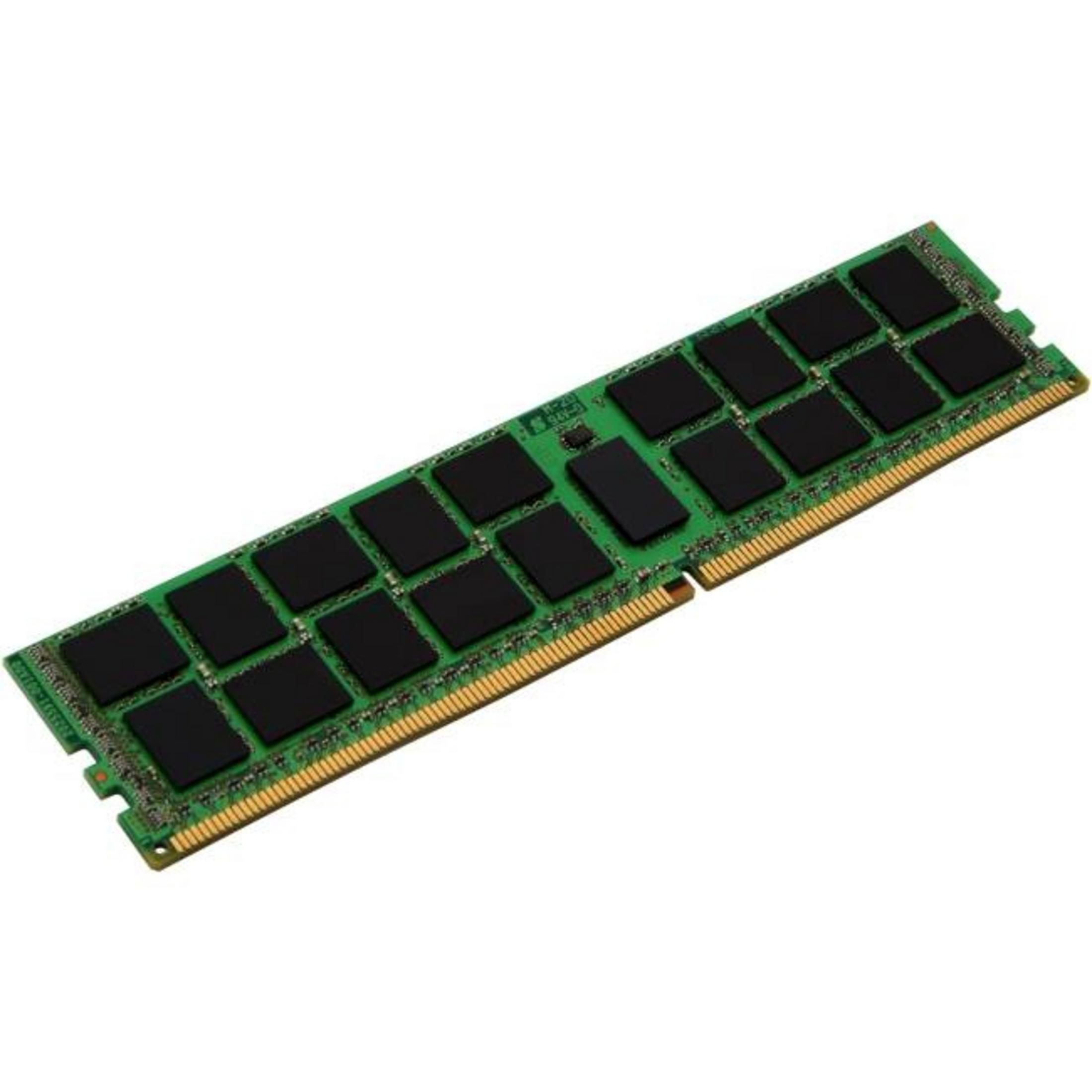 Un modulo RAM verde con chip neri e contatti dorati.