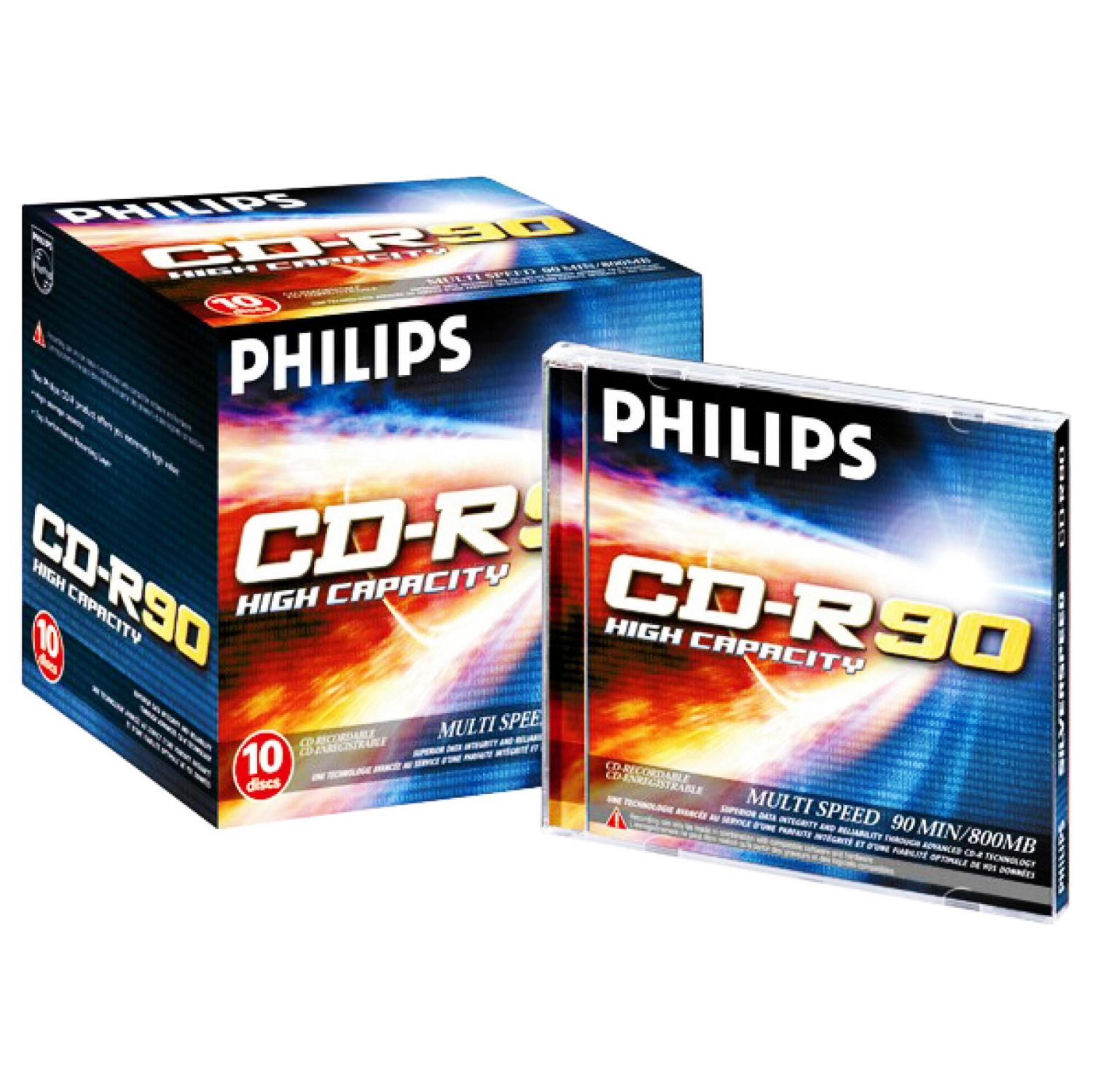 Dos paquetes de 10 CDs Philips CD-R90 Alta Capacidad, uno abierto, uno cerrado.