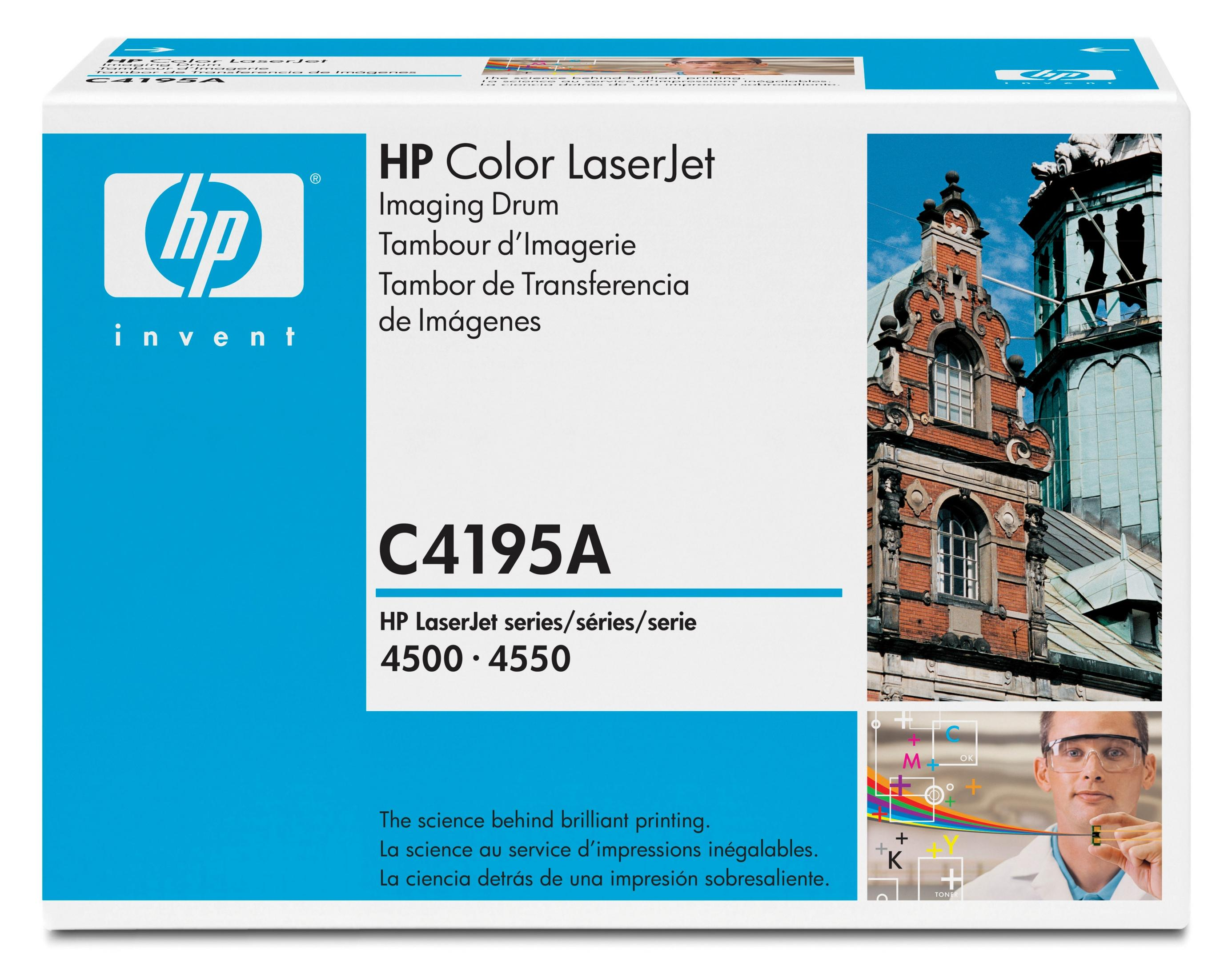 Scatola HP Color LaserJet Imaging Drum C4195A con edificio e uomo in laboratorio.