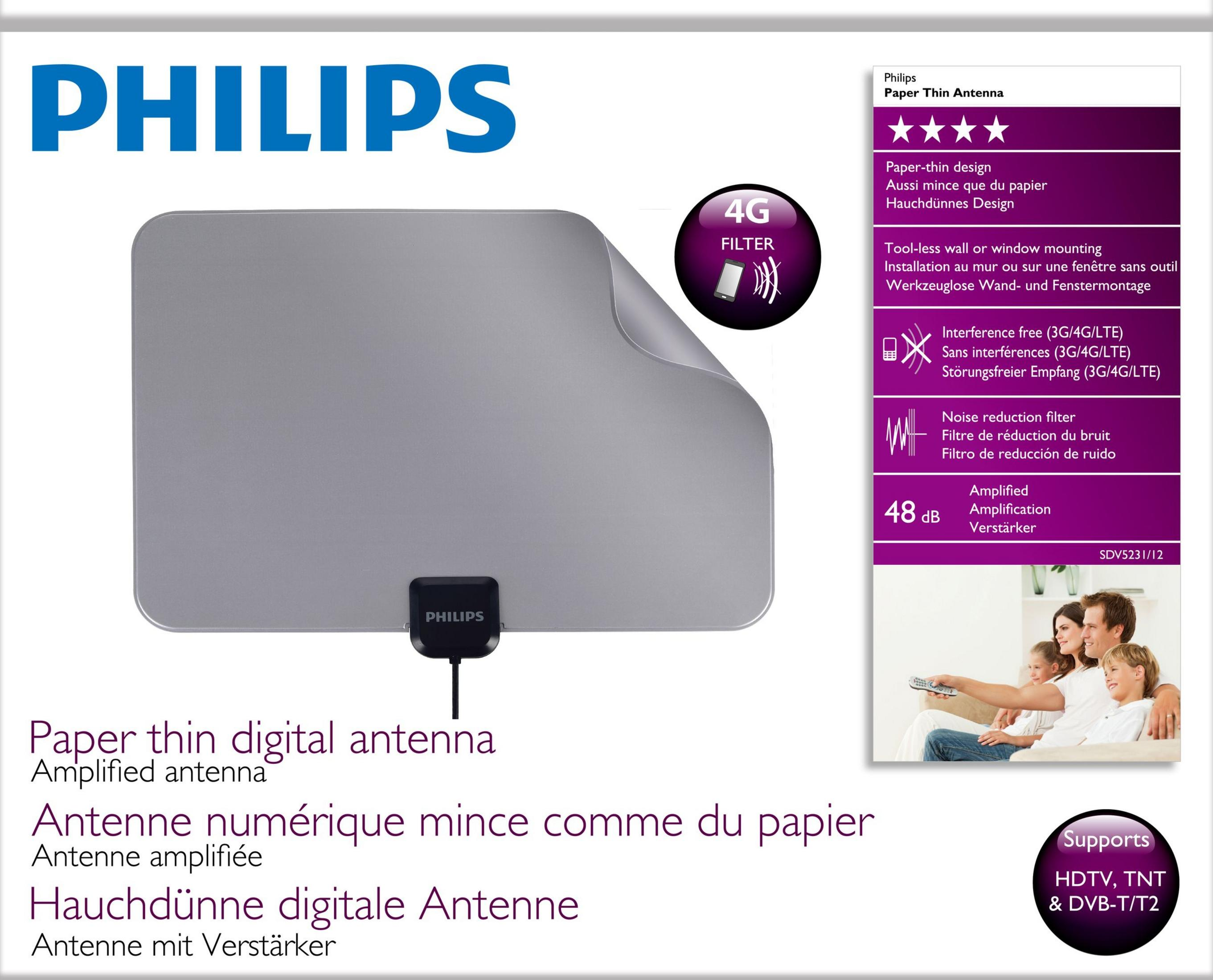Philips Flachantenne mit 4G-Filter, Wand-/Fenstermontage, Rauschunterdrückung.