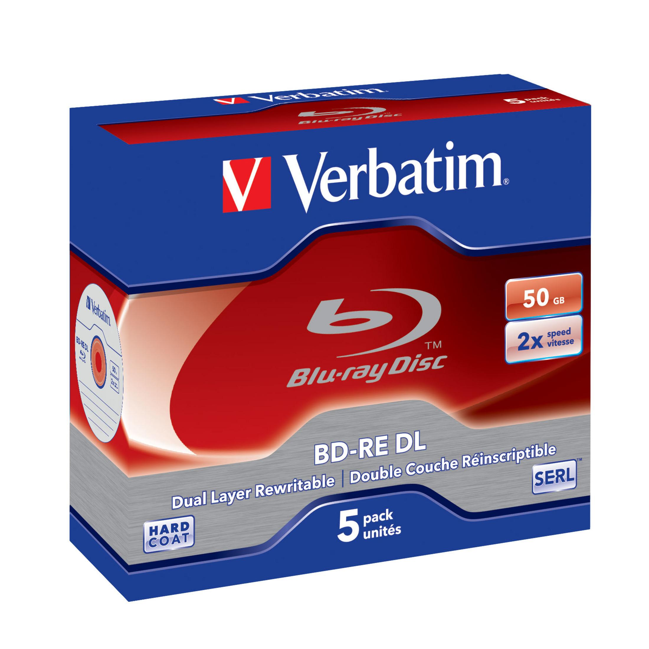 Verbatim 5er Pack BD-RE DL Blu-ray Discs, 50GB, 2x Speed, Hard Coat.