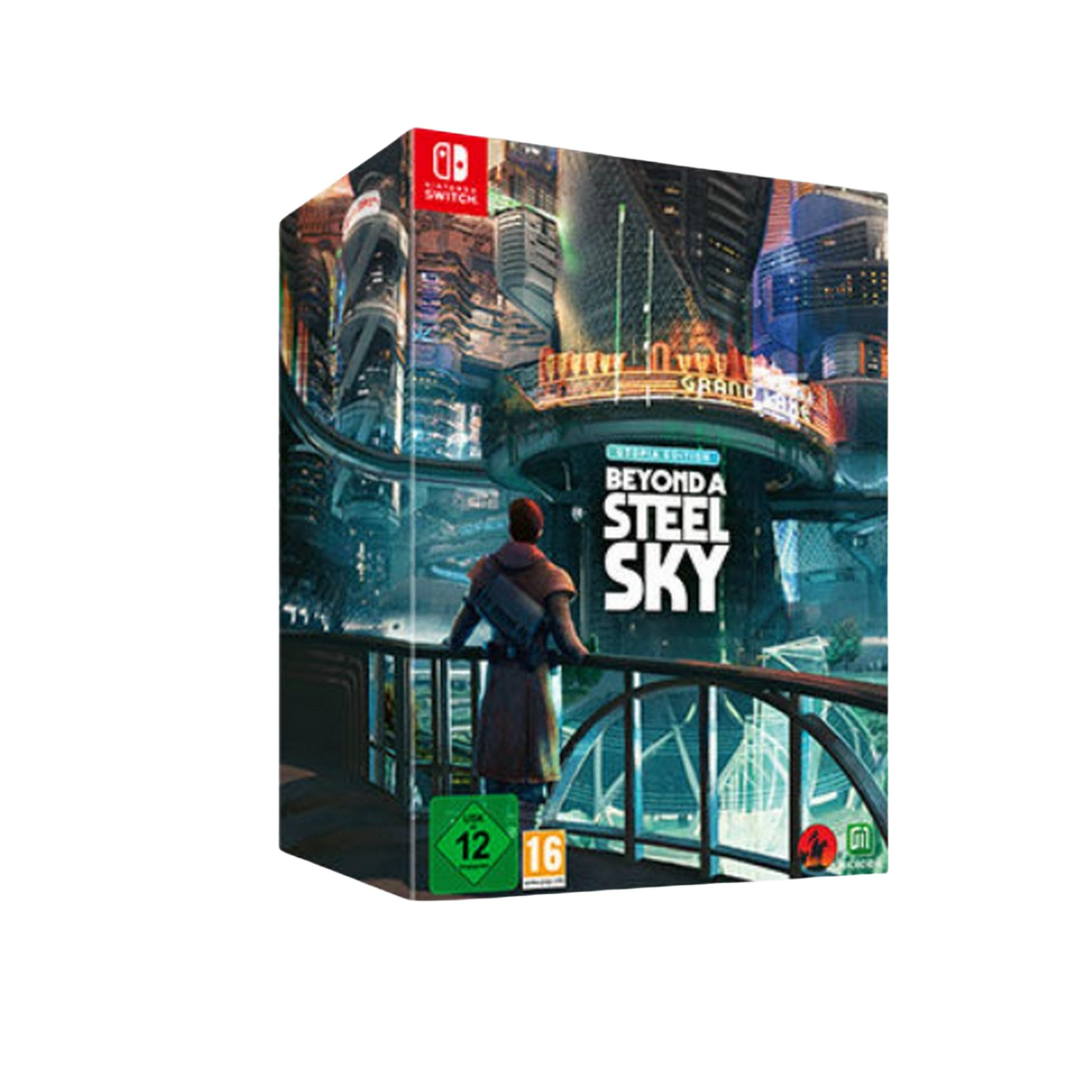 Copertina gioco Nintendo Switch con persona che guarda città futuristica.