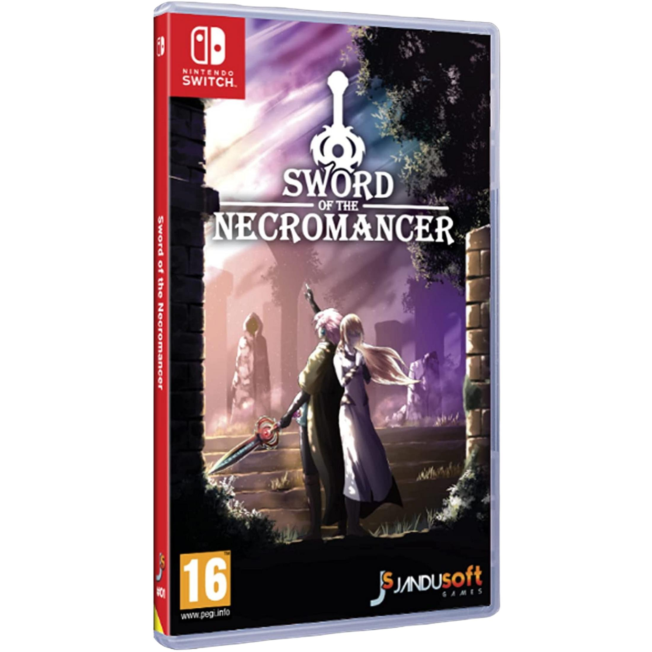 Gioco Nintendo Switch "Sword of the Necromancer" con due figure e una spada magica.